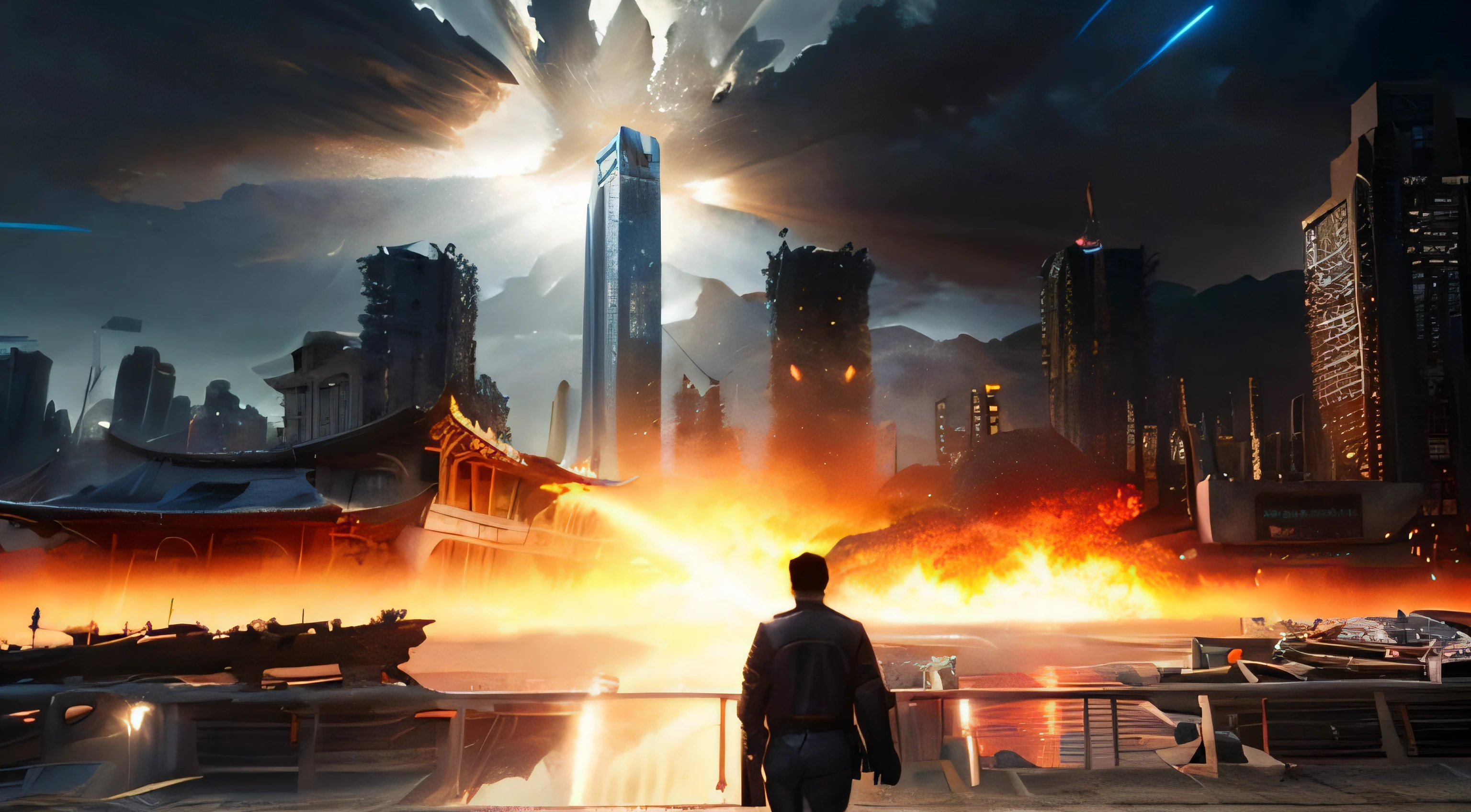 Armageddon、end of the world、Destruction of the city、Rays from the sky、A great catastrophe、8K、Raw-Photo、Top Quality、masterpiece:1.5、Ultra-lightweightHigh resolution;;;;;;、Photorealcitic:1.5、Cinematic light、Soft volumetric lighting:1.5、realisitic、Photorealcitic:1、Detailed skins、profesional lighting、a photo of、foco nítido、The Details、profesional lighting、photon maping、Detailed and complex environments、ighly Details、Top Quality、Artistic photography、photorrealistic concept art、silky, Natural volumetric cinematic perfect lighting、midjourney、detailed hands、