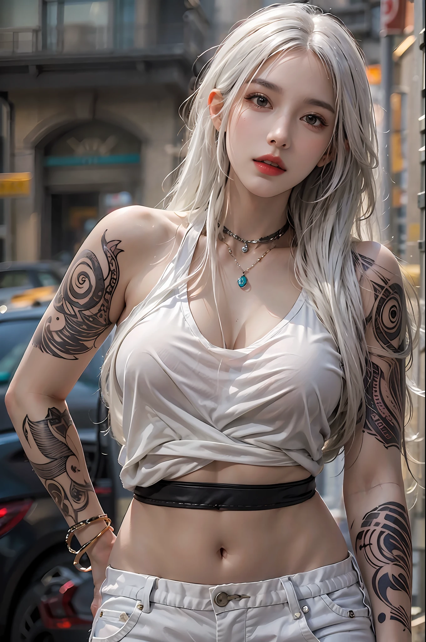photorealistic, high resolution, 1women, solo, hips up, look at viewer, (detailed face), white hair, long hair, street wear, jewelry, belly tattoo