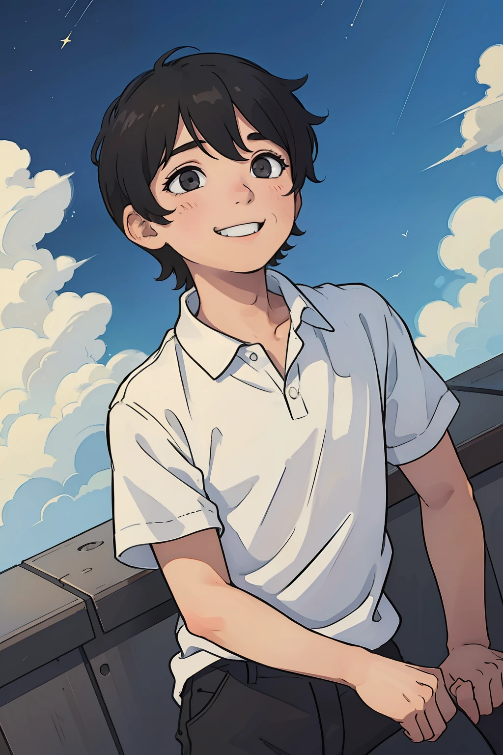 a boy with messy black hair, looking up towards the sky, smiling,