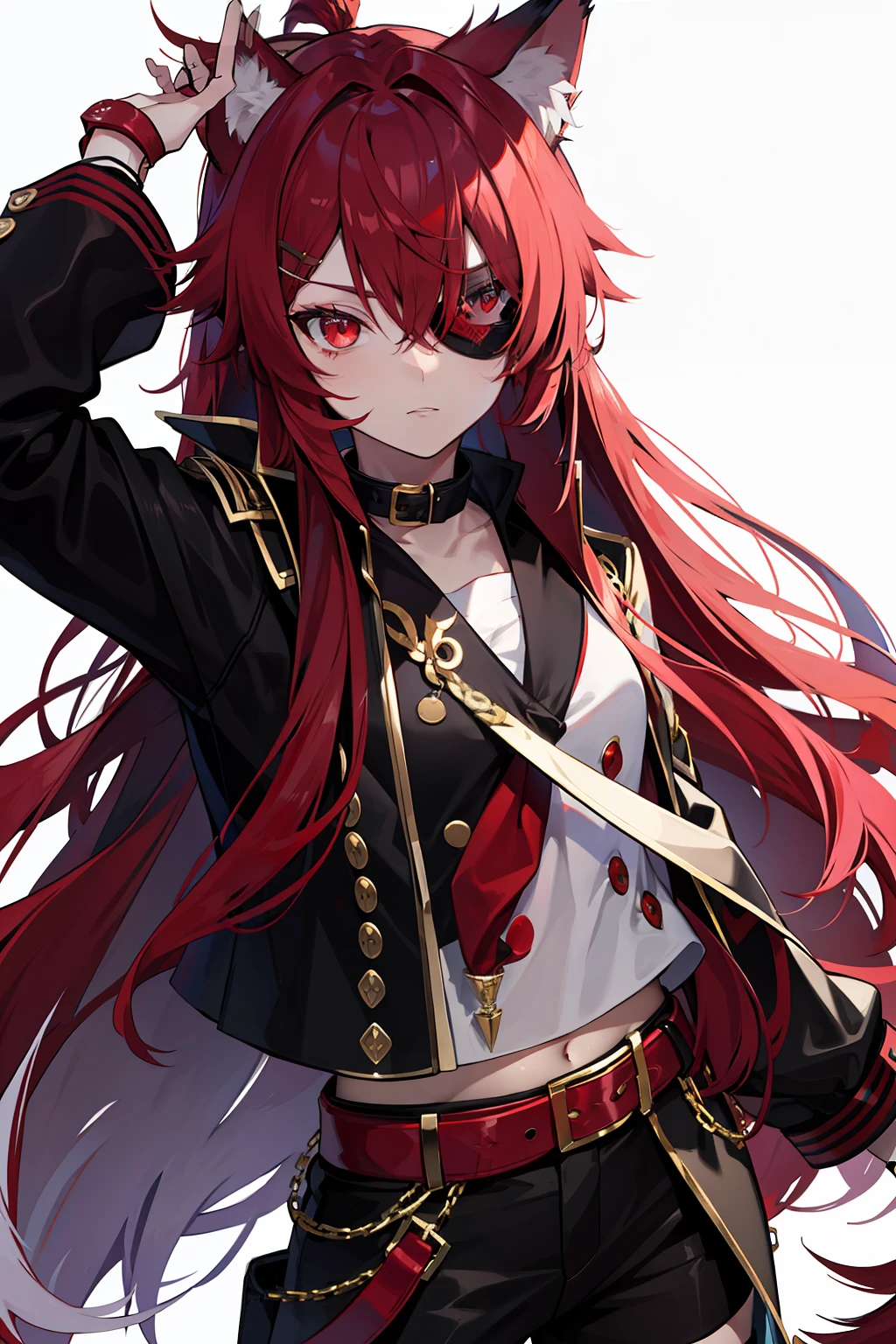 Kizi，Wolf ears，eye patch over left eye，long whitr hair，red tinted hair