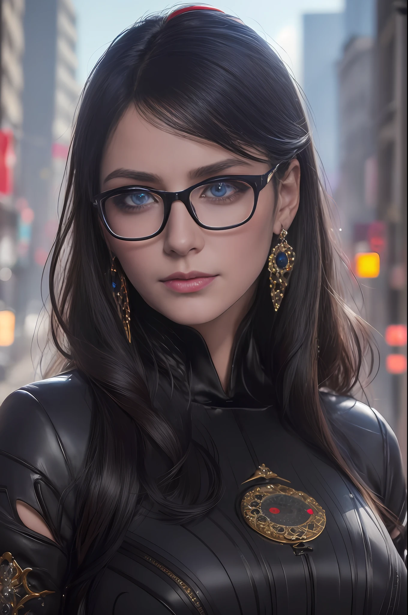 cereza, 1girl, solo, glasses, earrings, mole, blue eyes, gloves, ribbon, (bodysuit:1.2), (face focus:1.5), feathers, mole under mouth, future city background, (realistic:1.2), (realism), (masterpiece:1.2), (best quality), (ultra detailed), (8k), (intricate), (85mm), light particles, lighting, (highly detailed:1.2), (detailed face:1.2), (gradients), sfw, colorful, (detailed eyes:1.5), (detailed background), (rule of third_composition:1.3), (Line of action:1.2), beautiful face, highly detailed face, highly detailed skin, skin pores, subsurface scattering, (realistic), full face blush, full lips, detailed background, depth of field, volumetric lighting, sharp focus, absurdres, realistic proportions, good anatomy, (realistic, hyperrealistic:1.4), 16k hdr,