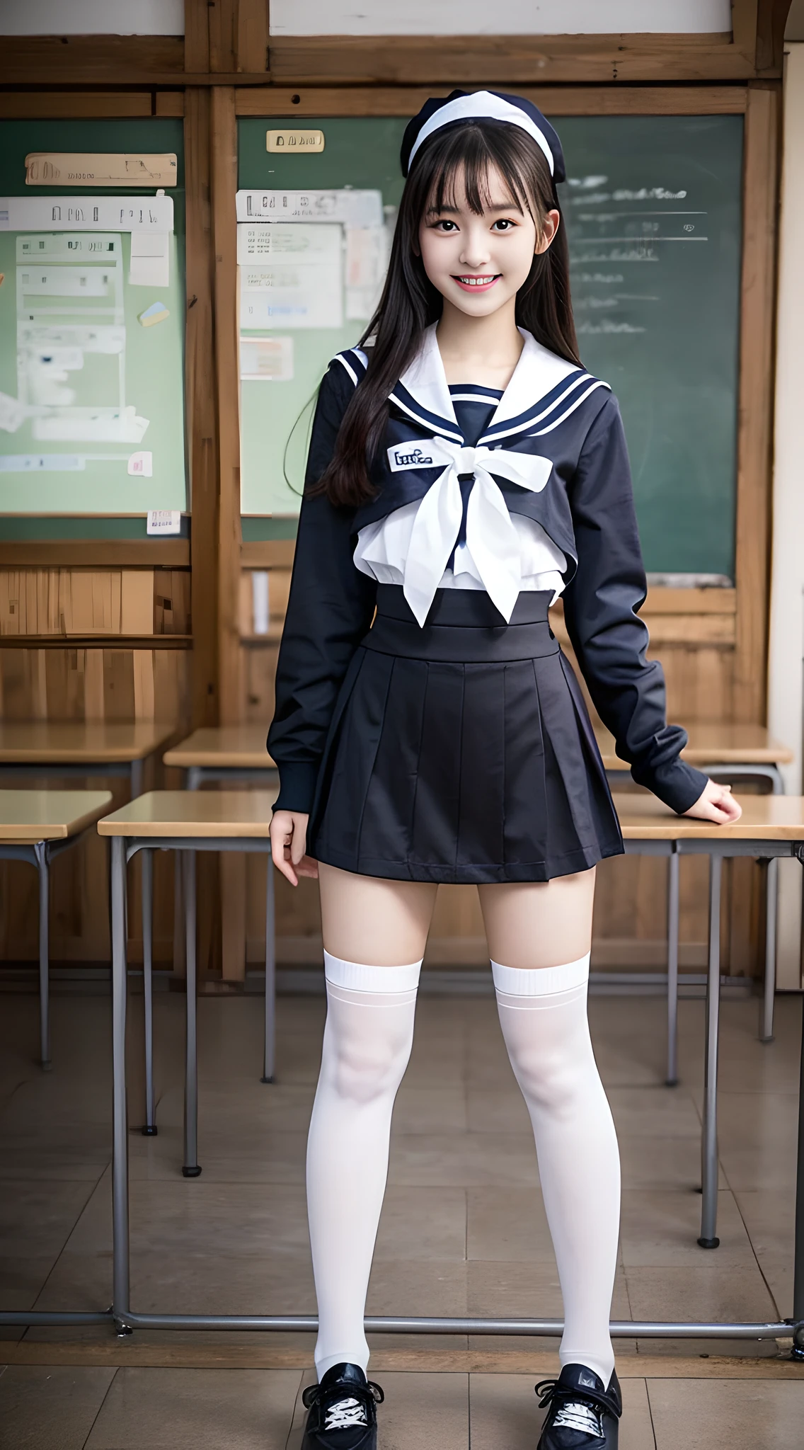 1girl, Cute, black-haired, 14 years old, Smile, Looks pure, Sailor Suit, Photography, Realistic, Best Quality, Detailed face, Full body, slender, Slender legs, Long legs, Wearing thigh-high socks, shoes on, School, Classroom