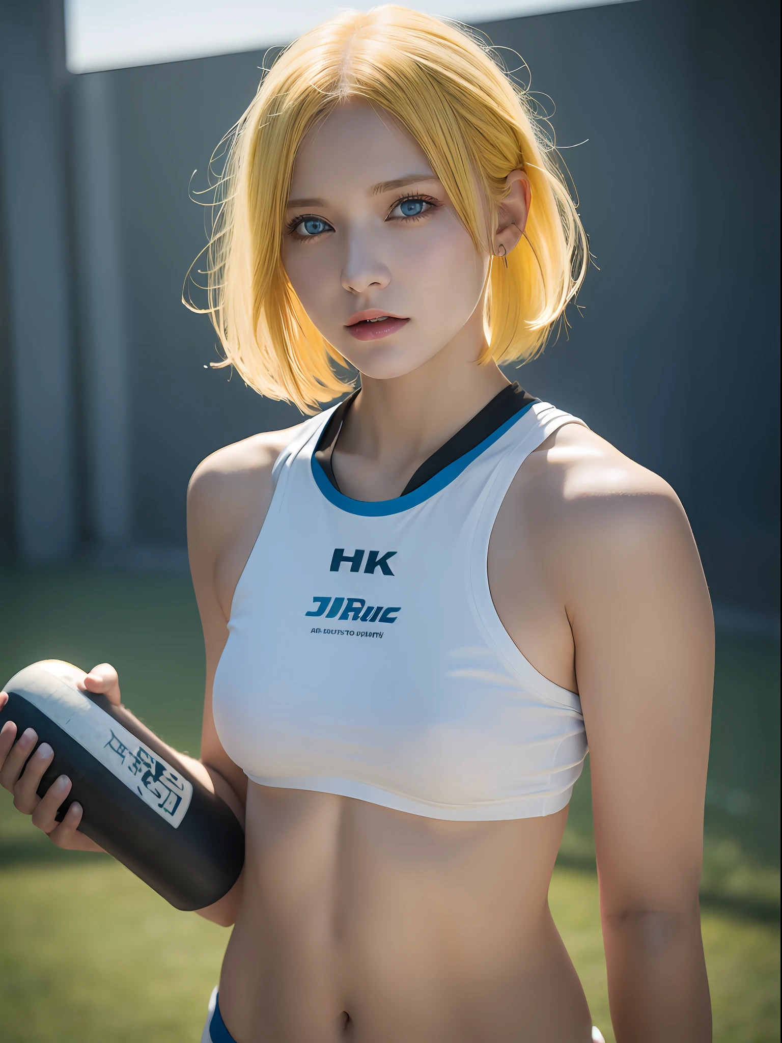 a beautiful girl is playing shot put, Yellow hair, blue eyes,Conceptual art, best photo shot, glowing light, realistic, UHD, textured skin, masterpiece, anatomically correct, best quality, 8k, full body