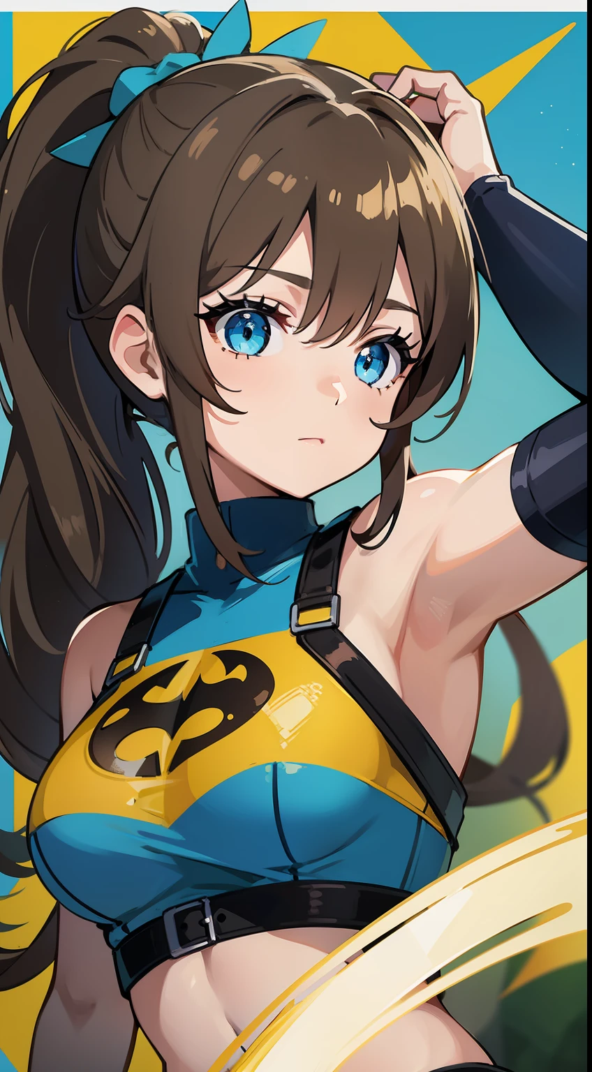 young girl, Long brown hair, high ponytail, Cyan eyes, Blue and yellow superhero uniform, Masterpiece, hiquality