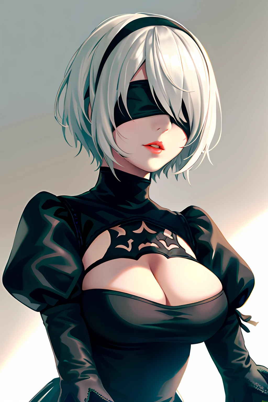Yorha No. 2 Type B, 1girl in, wlop, (Blindfold), breasts, cleavage, cleavage cutout, Clothes Cutout, Green background, hair between eye, shairband, hight resolution, juliet sleeves, Long sleeves, Nier (Series), Nier Automata, Puffy sleeves, Red lips, Shaded face, Short hair, Solo, turtle neck, Upper body, White hair, skyporn, brushstrokes