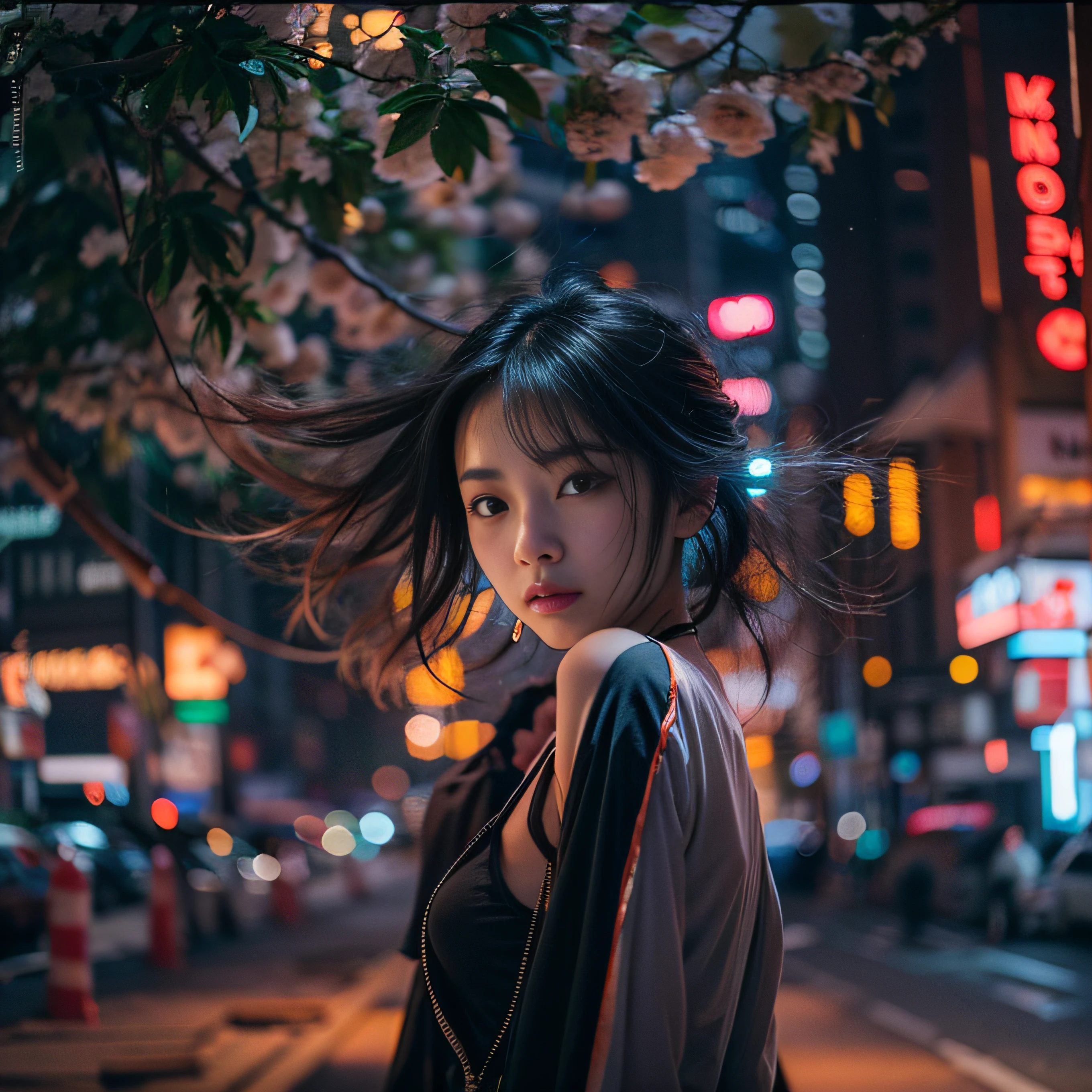 8K, RAW Photos, top-quality, masterpiece: 1.2),fish-eye lens、(((Wide View)))、fish-eye lens、Reach out and jump pose、Hair disheveled in the wind、fully body photo、Red or orange neon、Cyberpunk movies、Raw photo of beautiful Korean 20 year old woman、Half Face、deep in the night、darkened room、hightquality、More skin、Lustrous skin、clearface、cinema shot、nffsw、foco nítido
