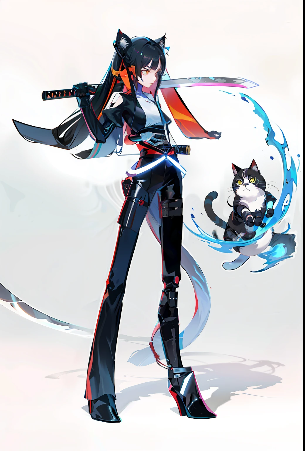 Close-up of a man with a sword and a cat, Katana Zero video game character, katana zero, sona is a slender, dramatic wielding katana pose, Fully robotic!! cat woman, this character has cryokinesis, anthropomorphic cat ninja, dominatrix assassin robot, unsheathing her katana, attack pose, badass posture