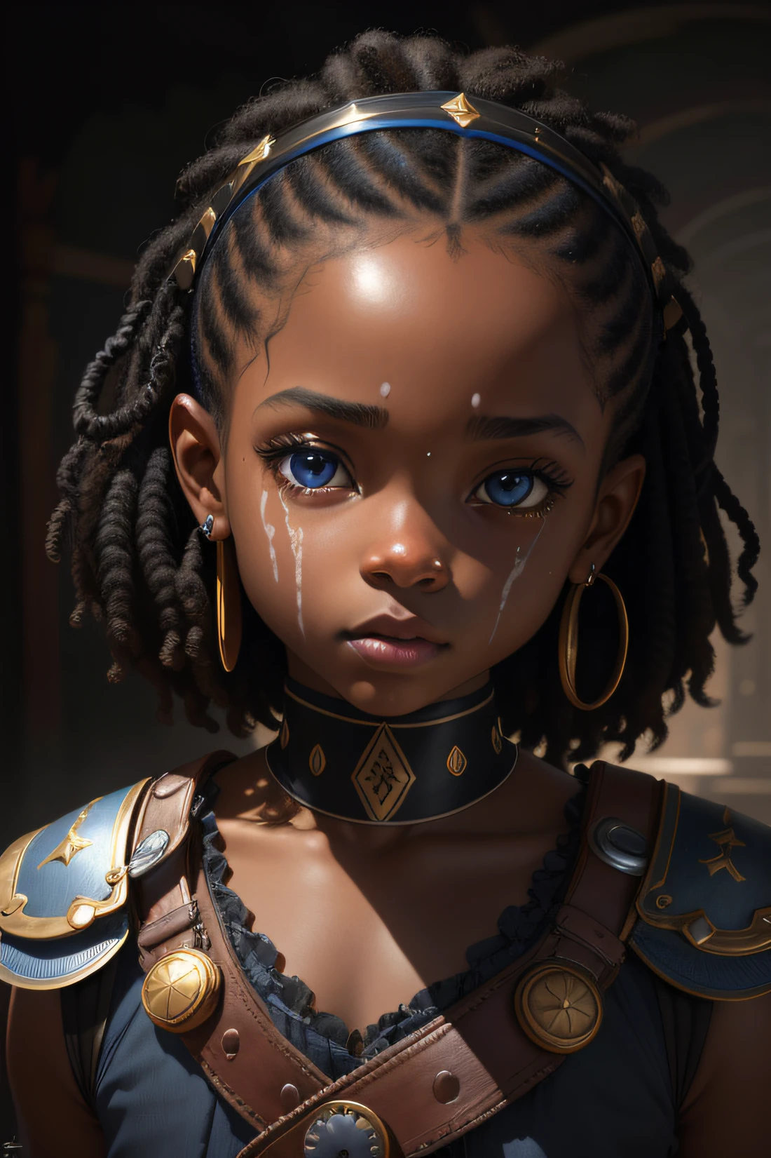 Un retrato, 18-year-old black girl, Mirando al espectador, cabello largo rubio, ojos grandes azules, Peinado de capas frontales, 4-year-old girl's face, desnuda, Enfoque facial,, perfect composition, fondo oscuro con reflejos, Hiperrealista, Super detailed, 8k, alta calidad, Arte de tendencias, tendencias en Artstation, foco nítido, Foto de estudio, Detalles intrincados, Altamente detallado, por Greg Rutkowski