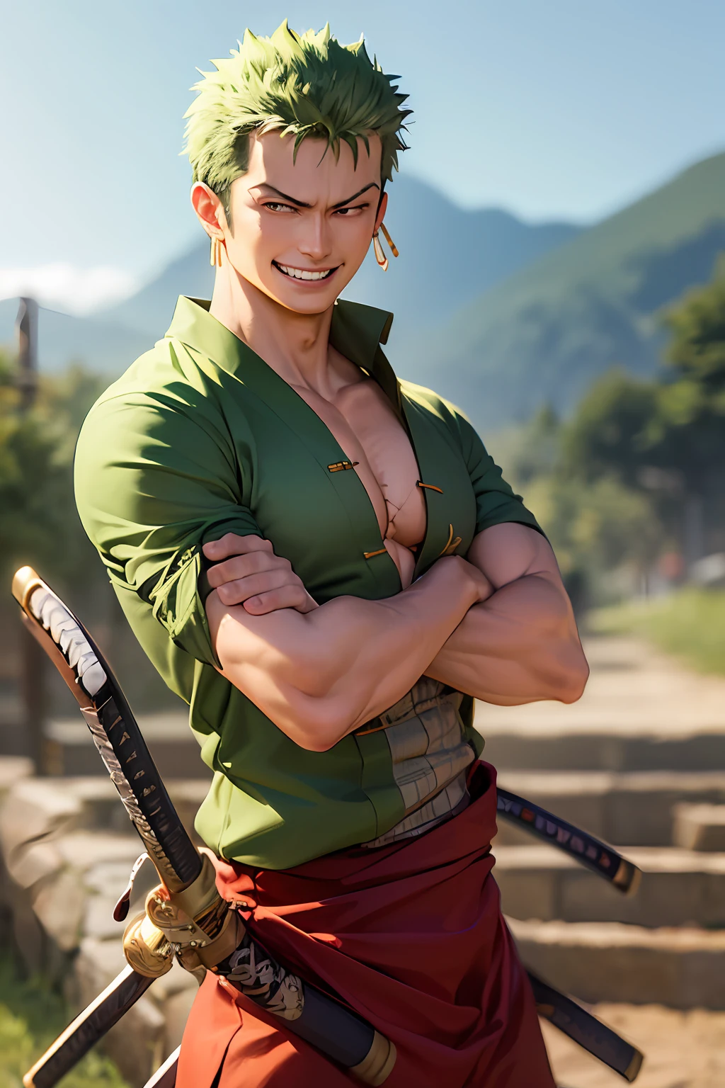 (masterpiece, best quality:1.2), cowboy shot, solo, male focus, 1boy, roronoa zoro, scar, muscular male, grin, looking at viewer, (dual wielding:1.2) katanas, crossed arms, japanese clothes, green kimono