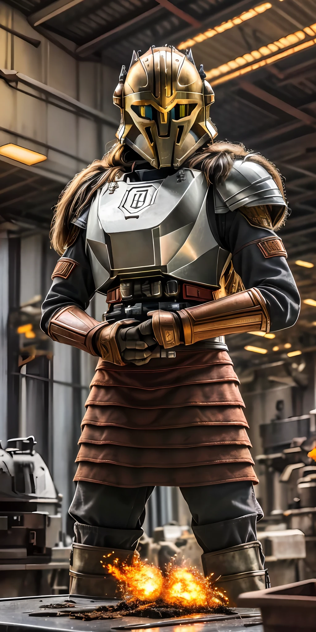 Portrait photo of an alpha female, intricate armor, thearmorer, long hair, big breast, in a worn mecha suit, intricate, (steel metal [rust]), sharp focus, photo by greg rutkowski, soft lighting, vibrant colors, masterpiece, anvil, raw metal, melted metal, hammer, (((indoor smelter))), cowboy shot, dynamic pose,