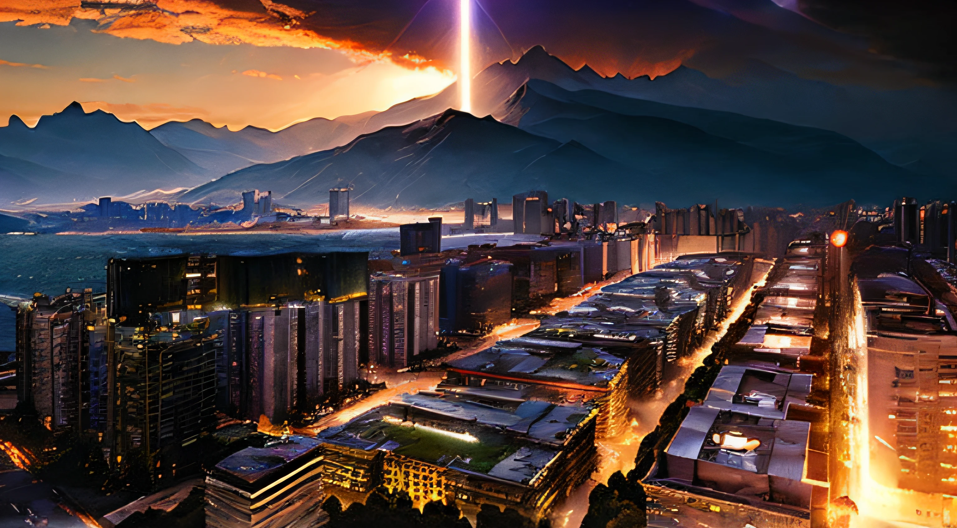 Armageddon、end of the world、Destruction of the city、Rays from the sky、A great catastrophe、8K、Raw-Photo、Top Quality、masterpiece:1.5、Ultra-lightweightHigh resolution;;;;;;;、Photorealcitic:1.5、Cinematic light、Soft volumetric lighting:1.5、realisitic、Photorealcitic:1、Detailed skins、profesional lighting、a photo of、foco nítido、The Details、profesional lighting、photon maping、Detailed and complex environments、ighly Details、Top Quality、Artistic photography、photorrealistic concept art、silky, Natural volumetric cinematic perfect lighting、midjourney、detailed hands、