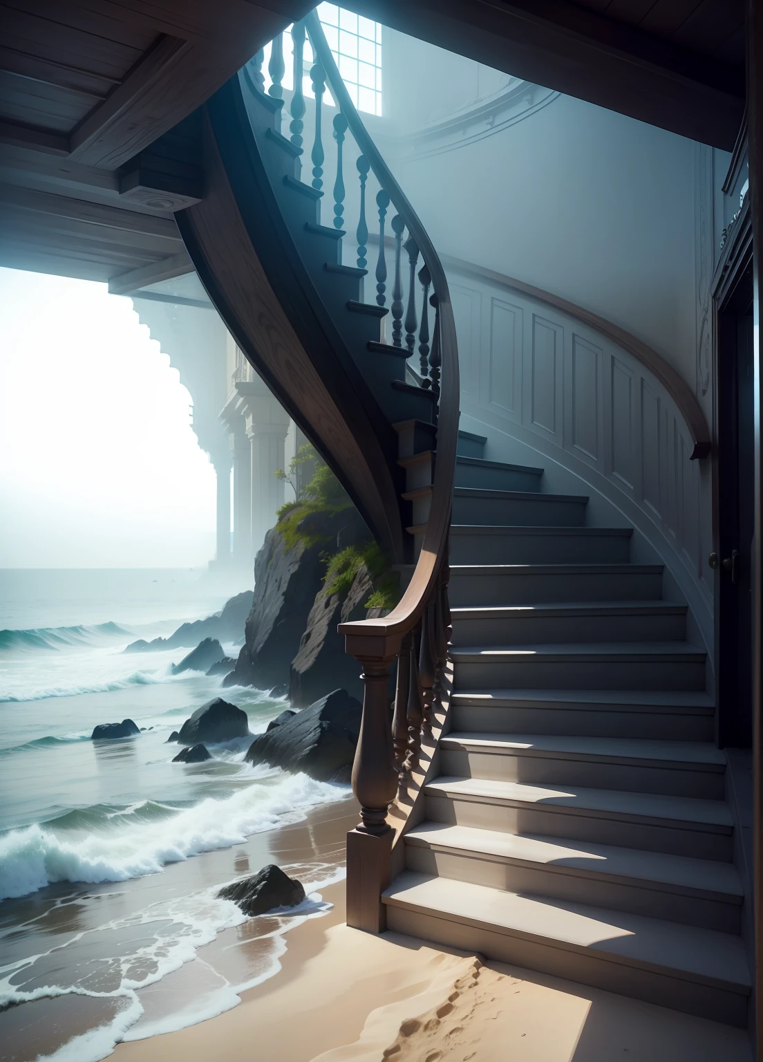 See the sand over the sea turned into a staircase，View of the sea from the seamount，Water stairs，white colors，Heavy fog，𝓡𝓸𝓶𝓪𝓷𝓽𝓲𝓬，Realistis