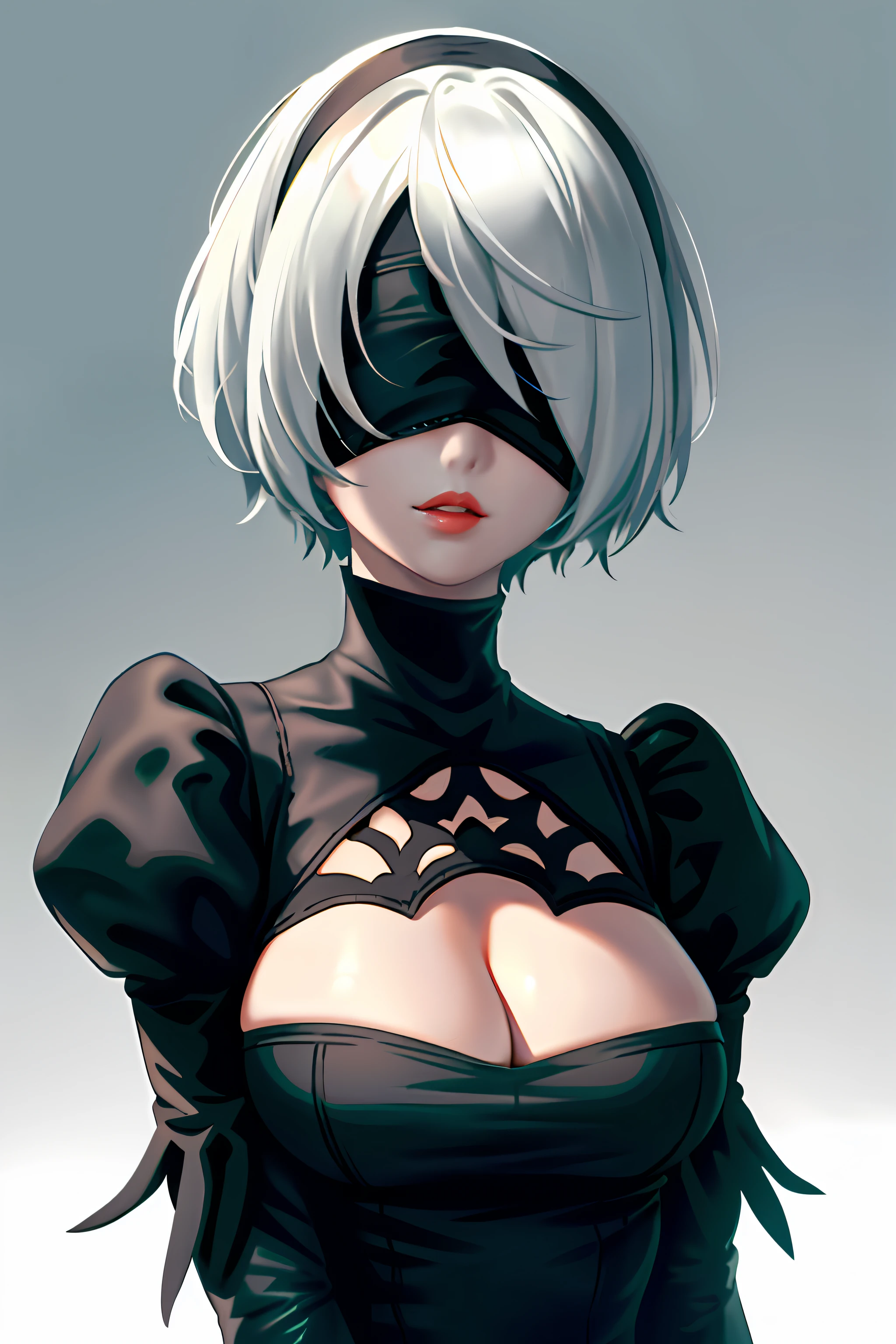 Yorha No. 2 Type B, 1girl in, wlop, (fold), breasavage, clutout, Cloout, Green background, hair between eye, shairband, hight resolution, juliet sleeves, Long sleeves, Nier (Series), Nier Automata, Puffy sleeves, Red lips, Shaface, Short hair, Solo, turtle neck, Upper body, White hair, skyporn, brushstrokes