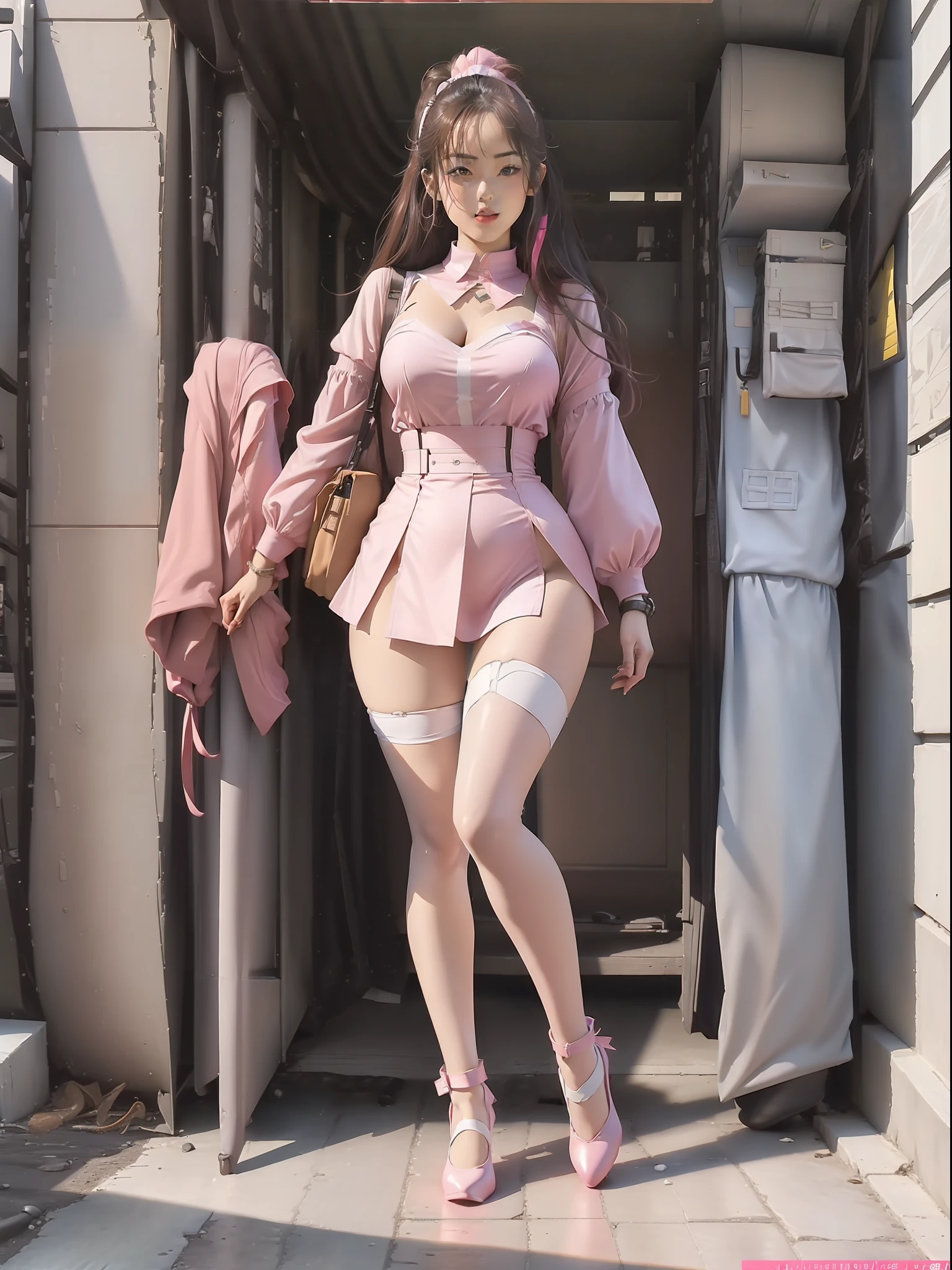 (Full body photo:2), (Full Focus:1.3), plethora of colors, anatomy correct, The character wears a student uniform, Pink white tones, Strangle effect, High-heeled leather shoes, anklet, leg loops, collars, Heavy makeup, A shallow laugh, Latex stockings must be worn, hyper HD, Ray traching, structurally correct, Award-Awarded, high detal, lightand shade contrast, cinmatic lighting, tmasterpiece, super detailing, high high quality, high detal, best qualityer, 16k.