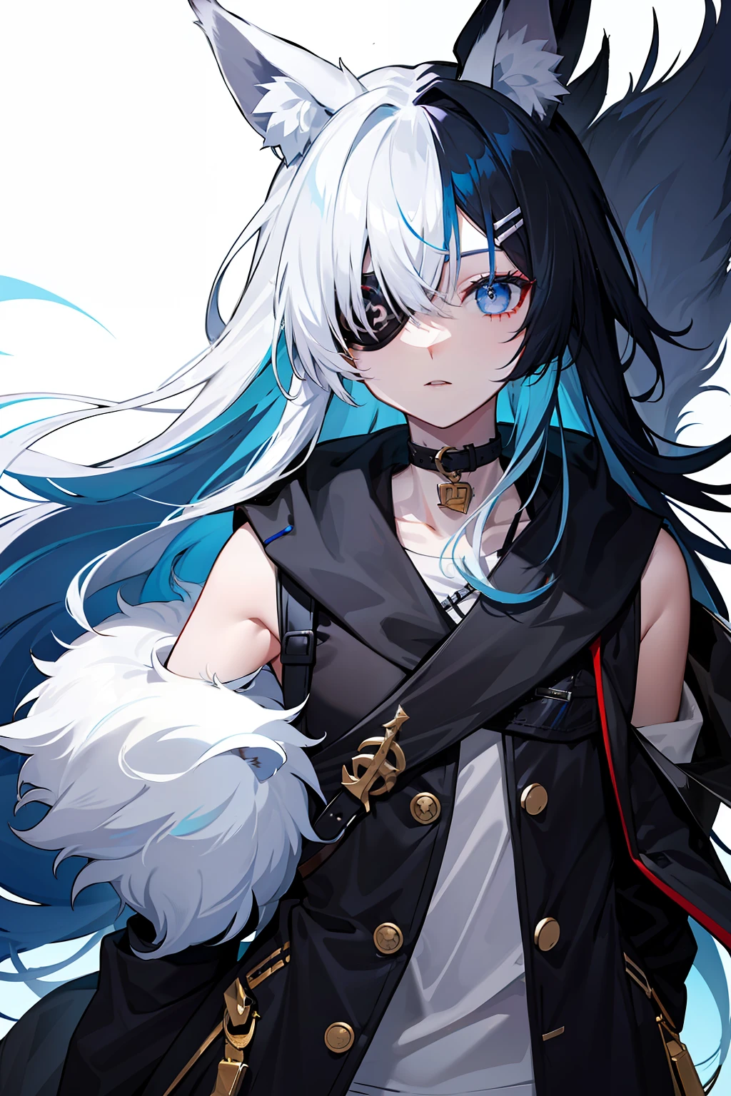 Kizi，Wolf ears，eye patch over left eye，long whitr hair，dark-blue hair