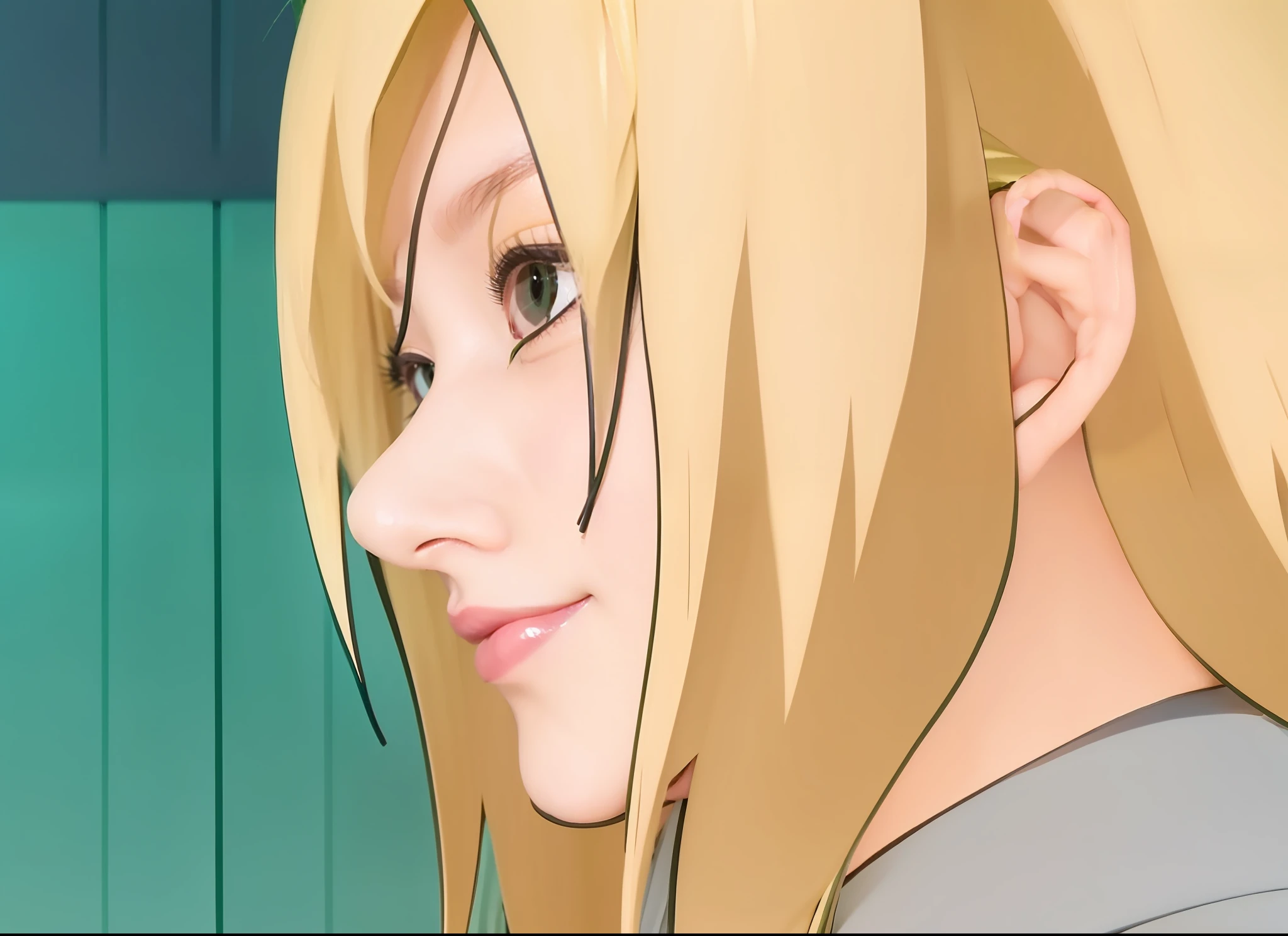 1girl, Tsunade, green jacket, long hair, yellow hair, realistic, ultra detail, 70mm lens،
