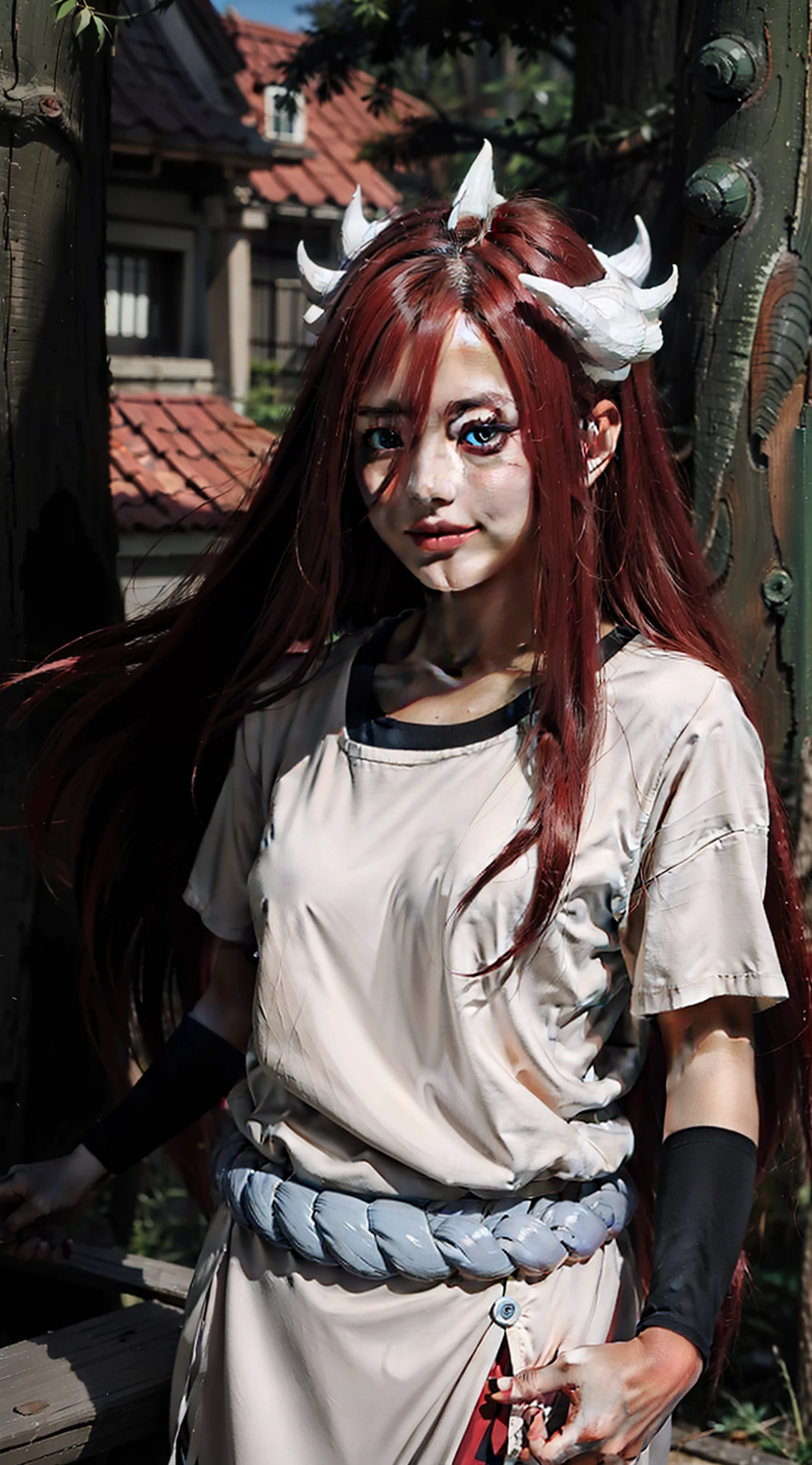 tayua from anime naruto, long hair, red hair, girl, beautiful girl, beautiful, standing, perfect body, full body, looking at viewer, smiling expression, has white horns