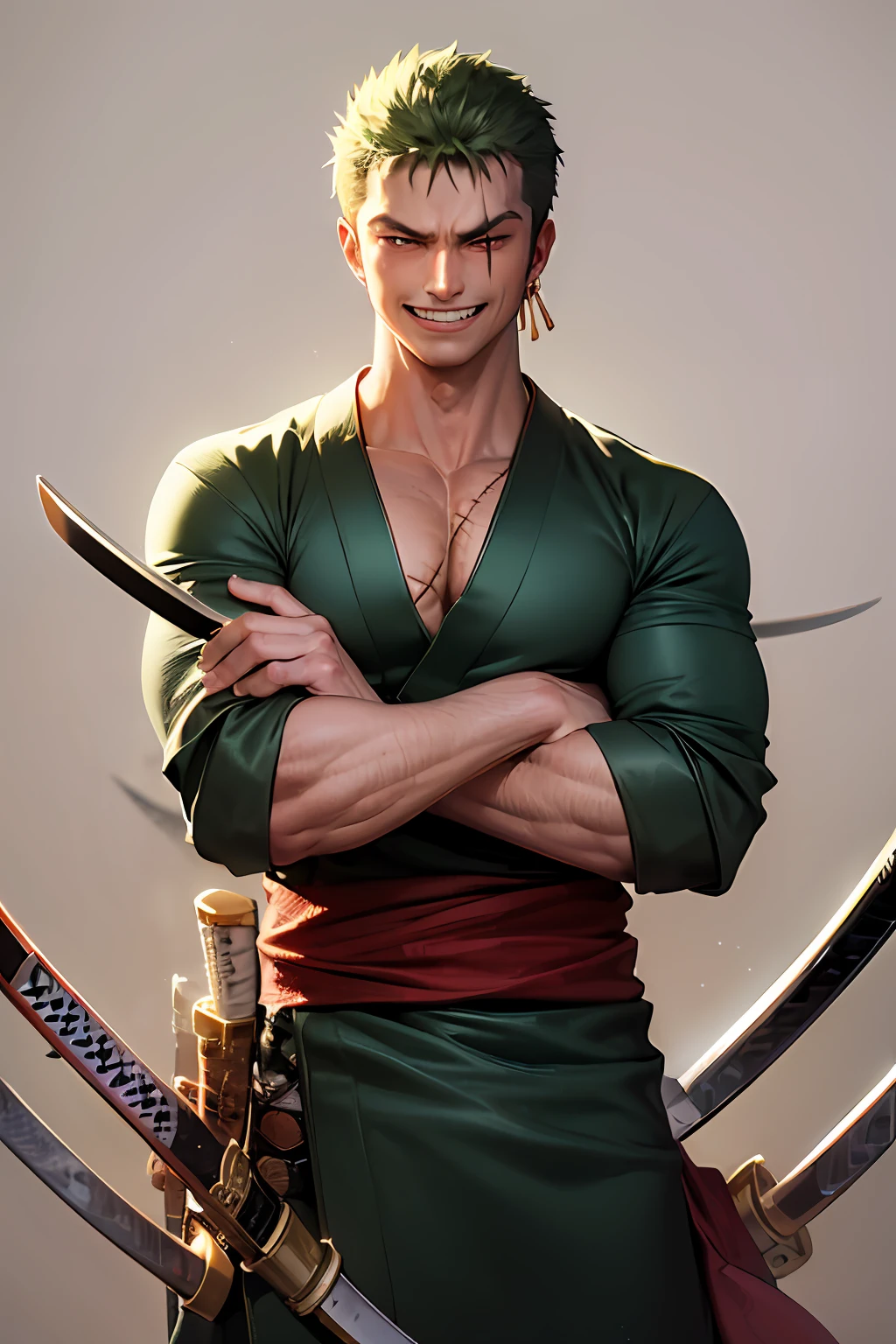 (masterpiece, best quality:1.2), cowboy shot, solo, male focus, 1boy, roronoa zoro, scar, muscular male, grin, looking at viewer, (dual wielding:1.2) katanas, crossed arms, japanese clothes, green kimono