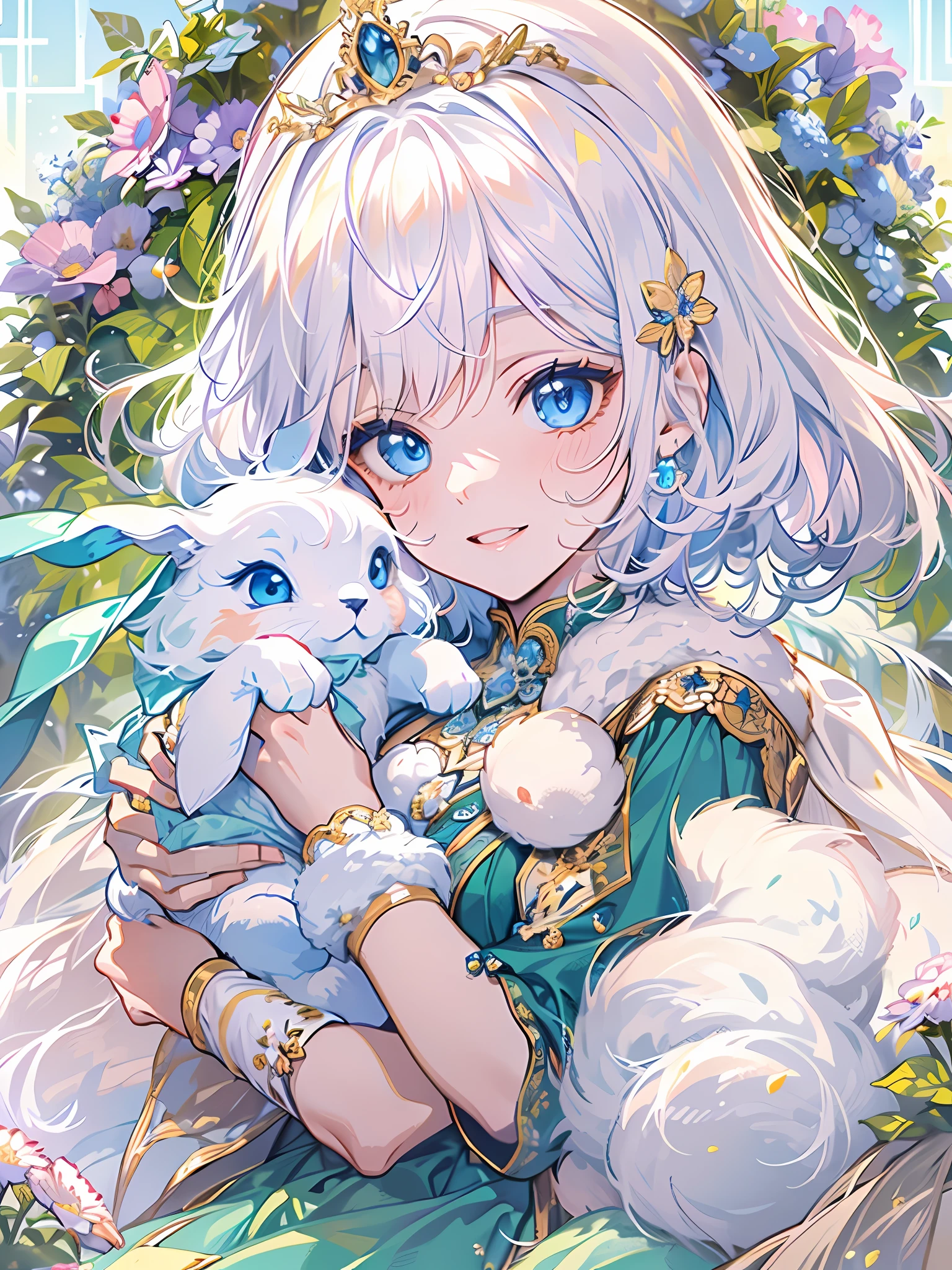 (Best Quality, Masterpiece, High Resolution), 1girl, hugging bunny (white short hair, have pony, wearing medieval blue dress, 20 years old, blue eyes, wearing tiara, crown princess), 1animal, bunny laying on princess lap (A bunny, white fluffy fur, wearing tiara with blue stone, blue eyes, cute bunny), stunning, cute, heartwarming smile, beautiful aster flower garden, gazebo, castle, mesmerizing sunlight, good proportion, detailed face, detailed accessories, symmetry, good ratio little rabbit, novel cover