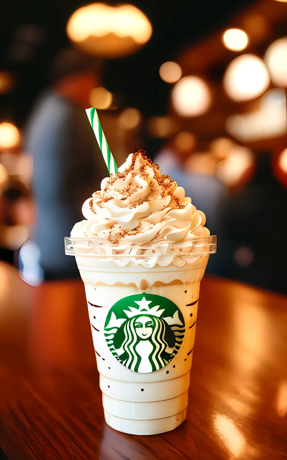 POV photo of an amazing capuccino milkshake with chocolate syrup. busy Starbucks dinner interior background, people in background, Starbucks logo on the glass, Cinestill 800T, photography, photo realistic, masterpiece