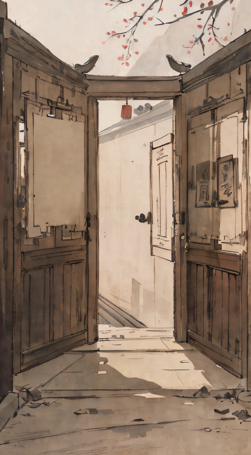 "(picture quality is high+1.5)The legendary Acacia Gate,Acacia Gate(1.5),Highlight the door,The door is closed,k hd,Traditional Chinese watercolor,Traditional Chinese painting,China ink painting"