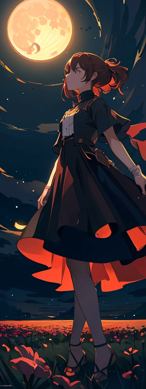 A wide landscape photo, (viewed from below, the sky is above, and the open field is below), a girl standing on a flower field looking up, (full moon: 1.2), (meteor: 0.9), (nebula: 1.3), distant mountains , Trees BREAK Crafting Art, (Warm Light: 1.2), (Firefly: 1.2), Lights, Lots of Purple and Orange, Intricate Details, Volumetric Lighting BREAK (Masterpiece: 1.2), (Best Quality), 4k, Ultra Detailed, (Dynamic Composition: 1.4), Rich in Detail and Color, (Rainbow Color: 1.2), (Glow, Atmospheric Lighting), Dreamy, Magical, (Solo: 1.2)