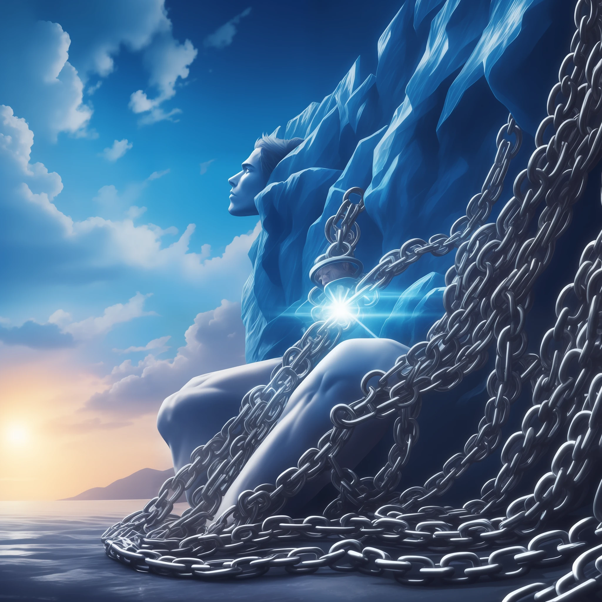 Man in chains yearning for Love Blue Freedom. Fantasy Art
