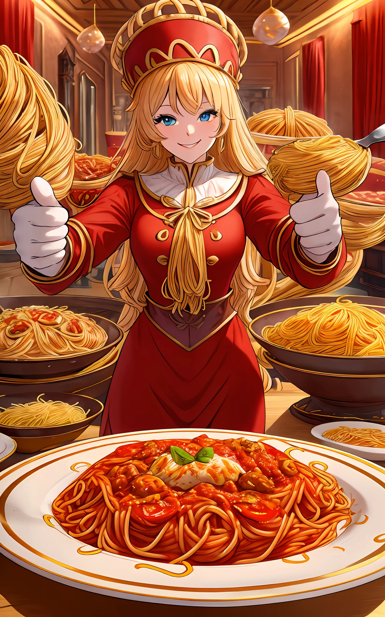 POV; (the spaghetti knight)+ handing you a plate of spaghetti and giving a thumbs up with a smile, fantasy style, full body