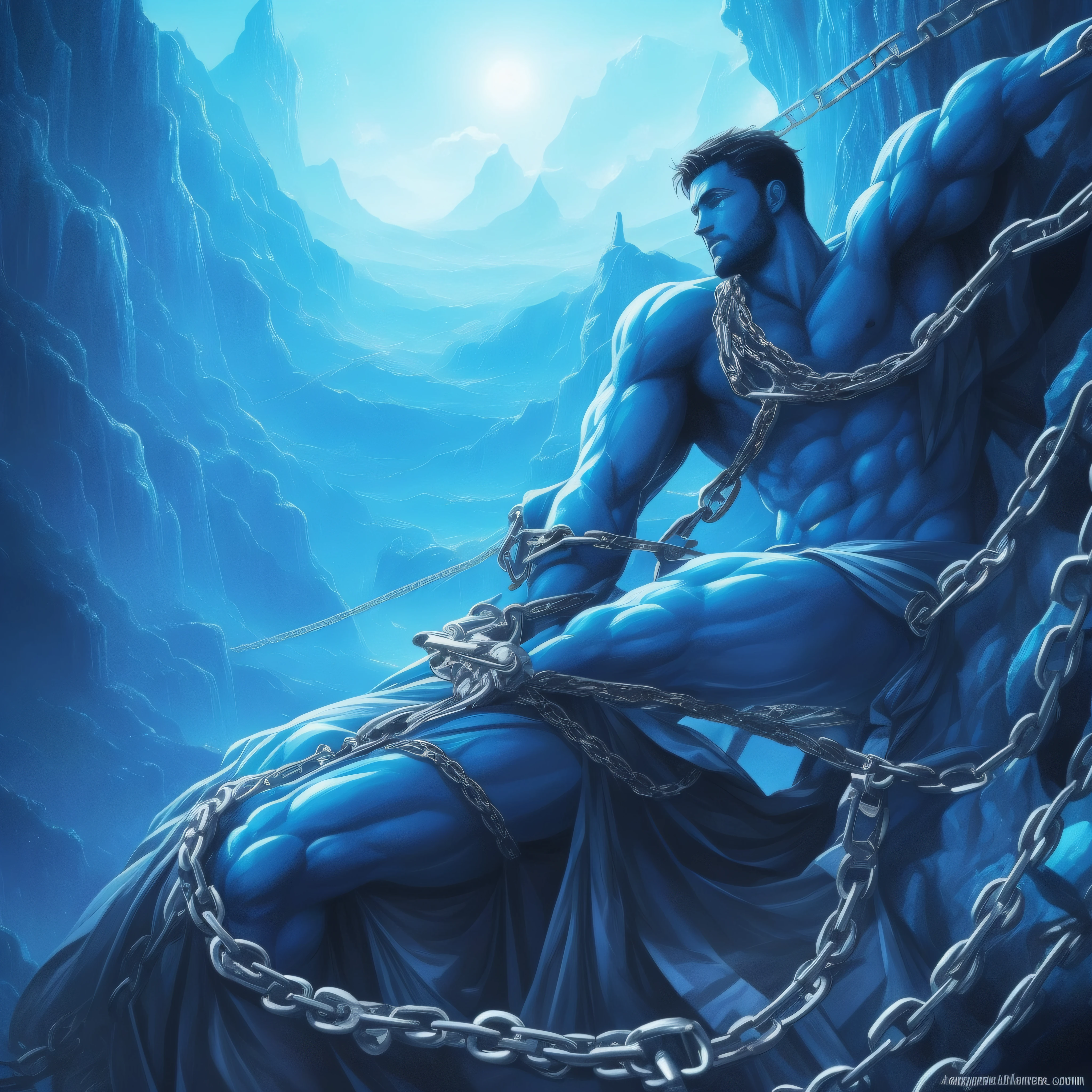 Man in chains yearning for Love Blue Freedom. Fantasy Art