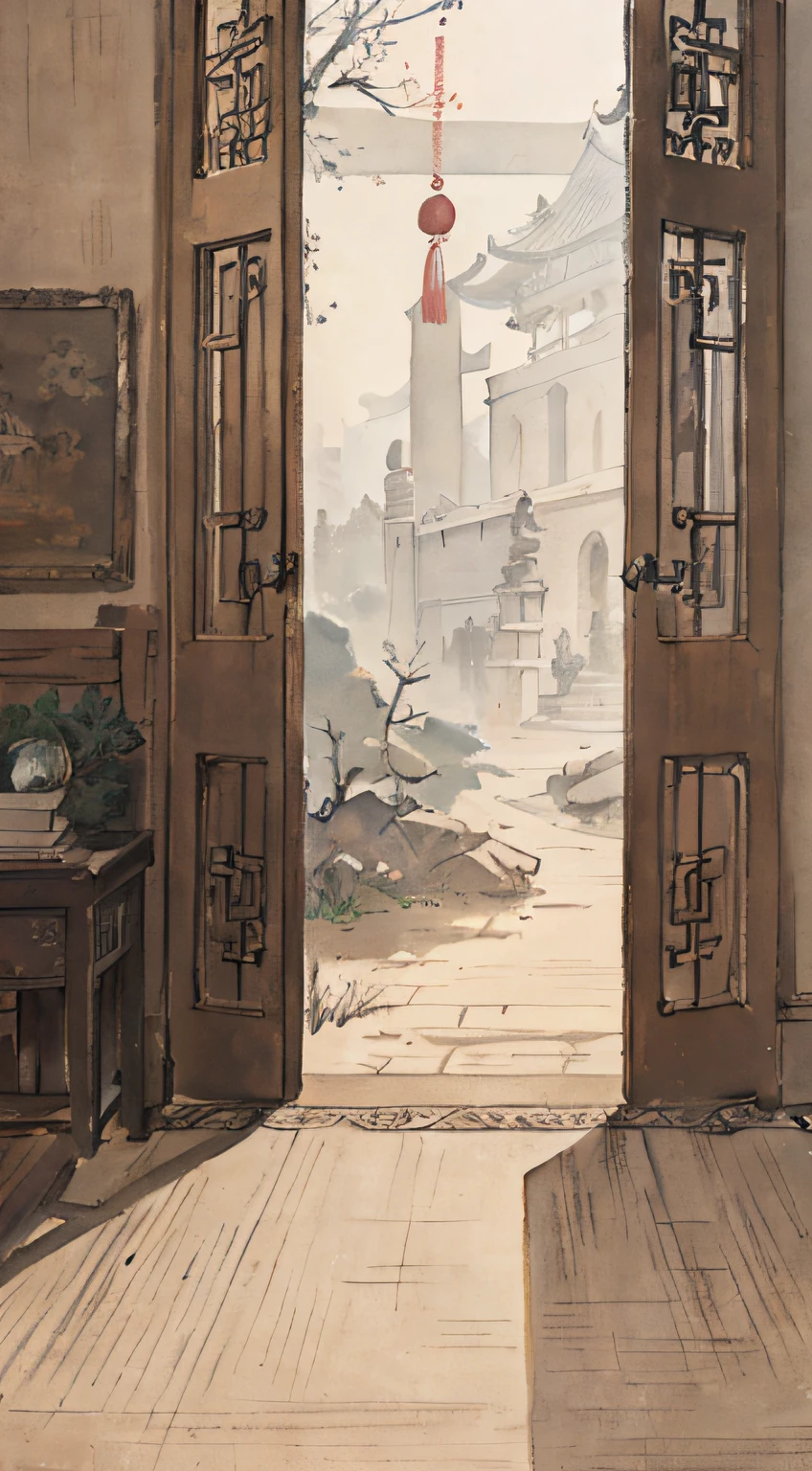 "(picture quality is high+1.5)The legendary Acacia Gate，Acacia Gate（1.5），Highlight the door，The door is closed，k hd，Traditional Chinese watercolor，Traditional Chinese painting，China ink painting"