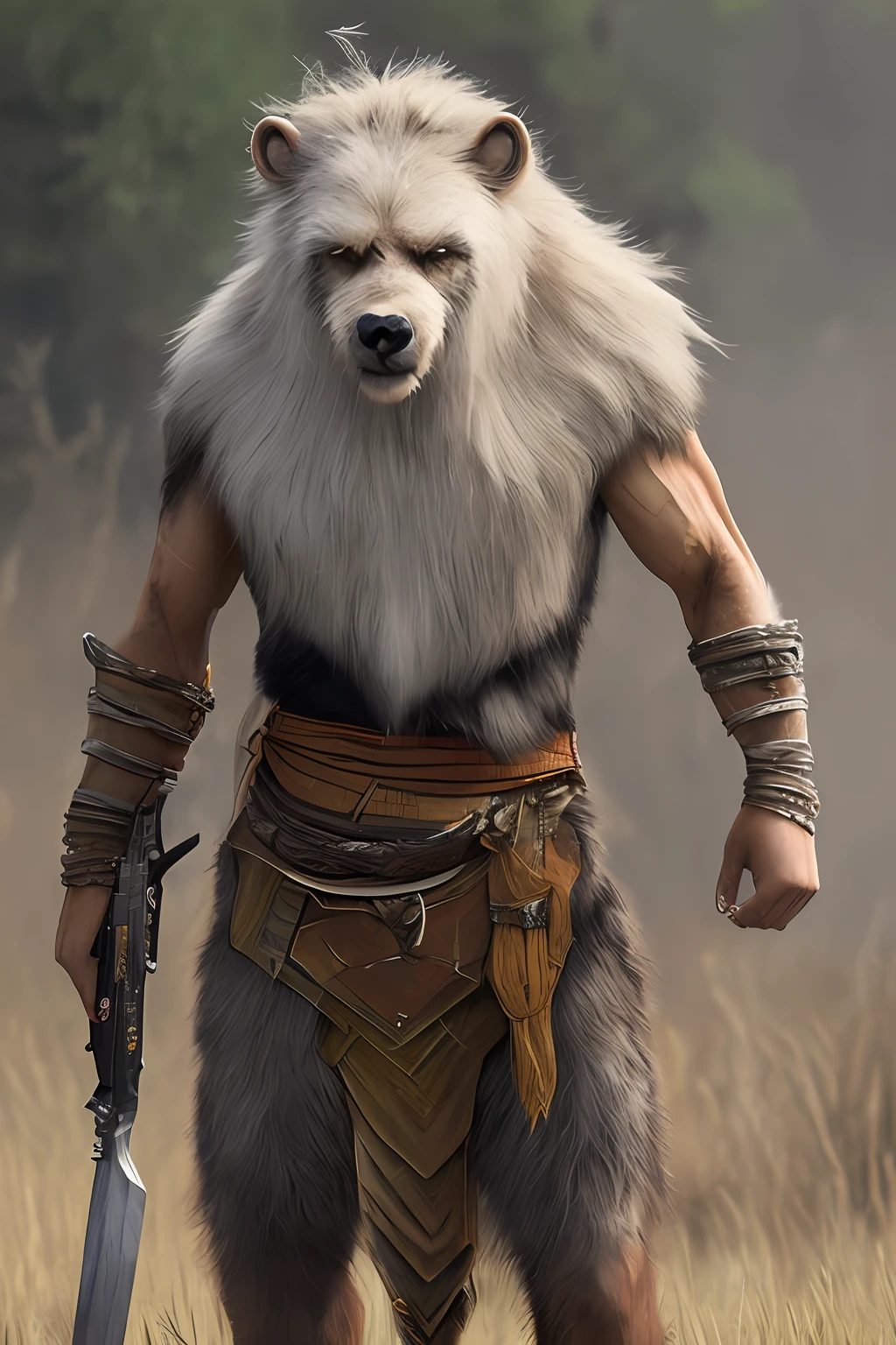 Beast-headed warrior，Realistic cinematic effects，Beast fur，Original weapons，war scenario