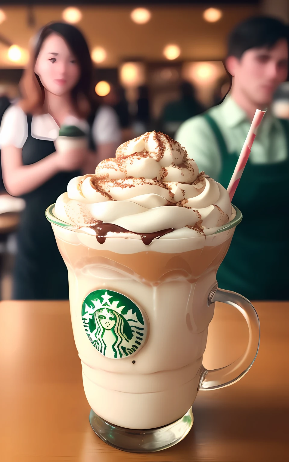 POV photo of an amazing capuccino milkshake with chocolate syrup. busy Starbucks dinner interior background, people in background, Starbucks logo on the glass, Cinestill 800T, photography, photo realistic, masterpiece