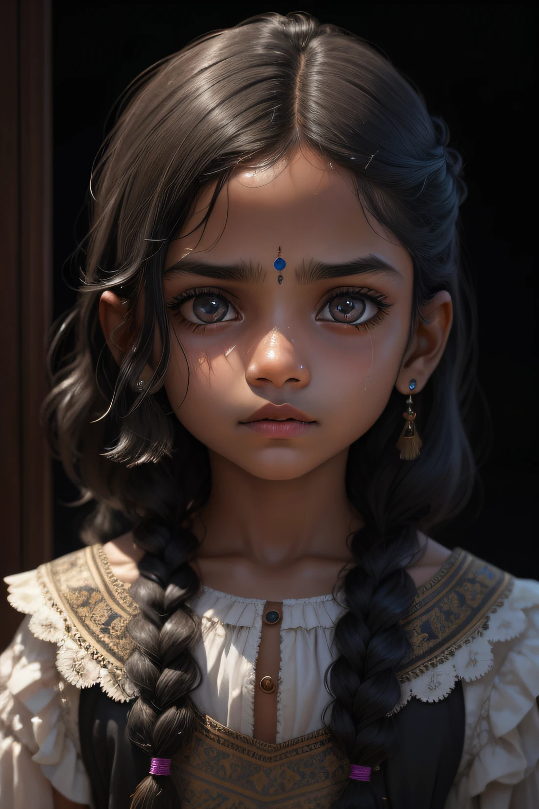 Un retrato, 18-year-old Indian girl, Mirando al espectador, cabello largo rubio, ojos grandes azules, Peinado de capas frontales, 4-year-old girl's face, triste, estilo emo, sujetador, Enfoque facial,, perfect composition, fondo oscuro con reflejos, Hiperrealista, Super detailed, 8k, alta calidad, Arte de tendencias, tendencias en Artstation, foco nítido, Foto de estudio, Detalles intrincados, Altamente detallado, por Salvador Dali