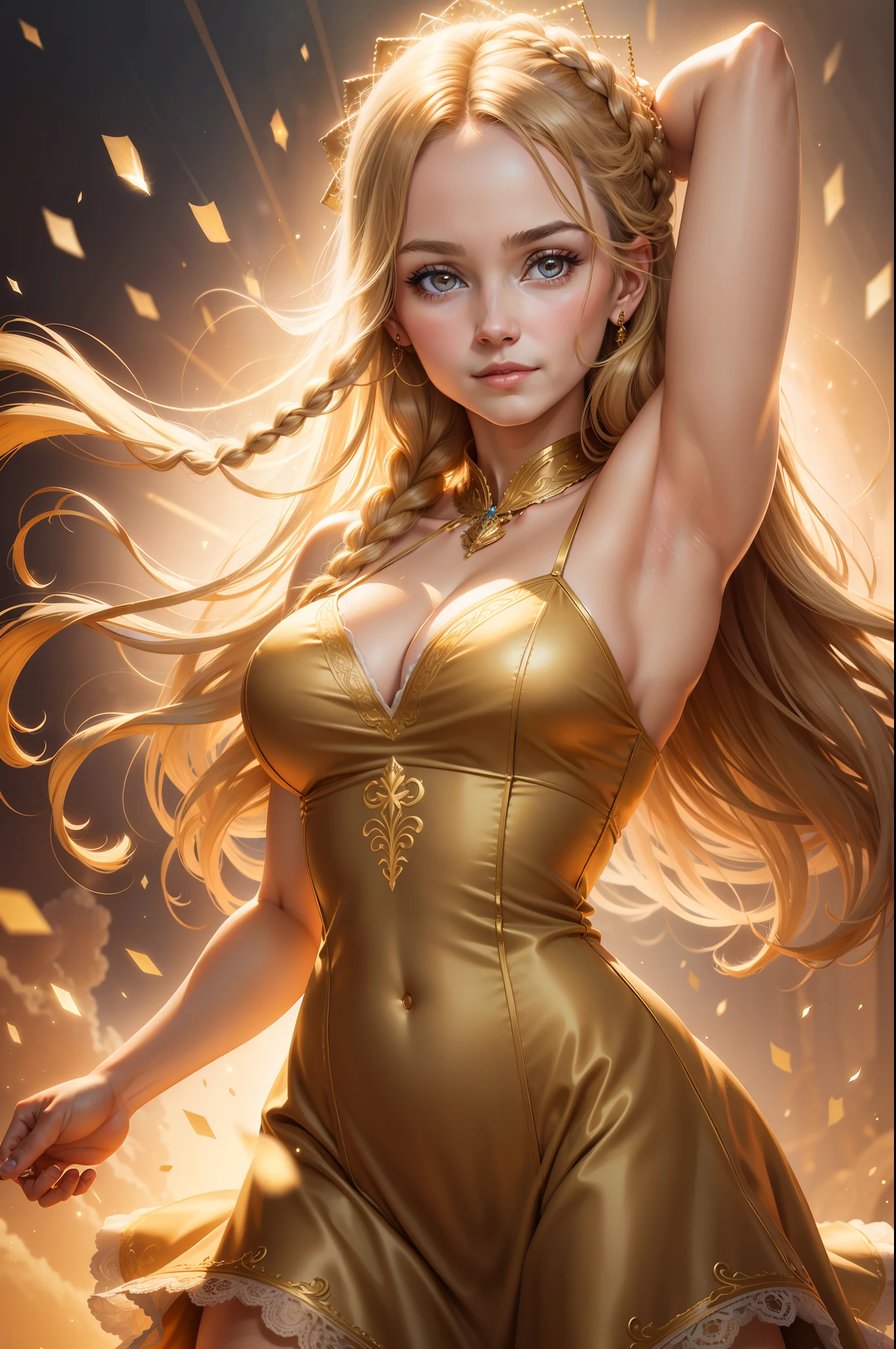 best quality, masterpiece, upper body,
(adult:1.6) hungarian woman, (smirk:0.4), arms behind head,
braided golden hair,
sparkling eyes,
victorian sundress,
 floating light particles, centered,