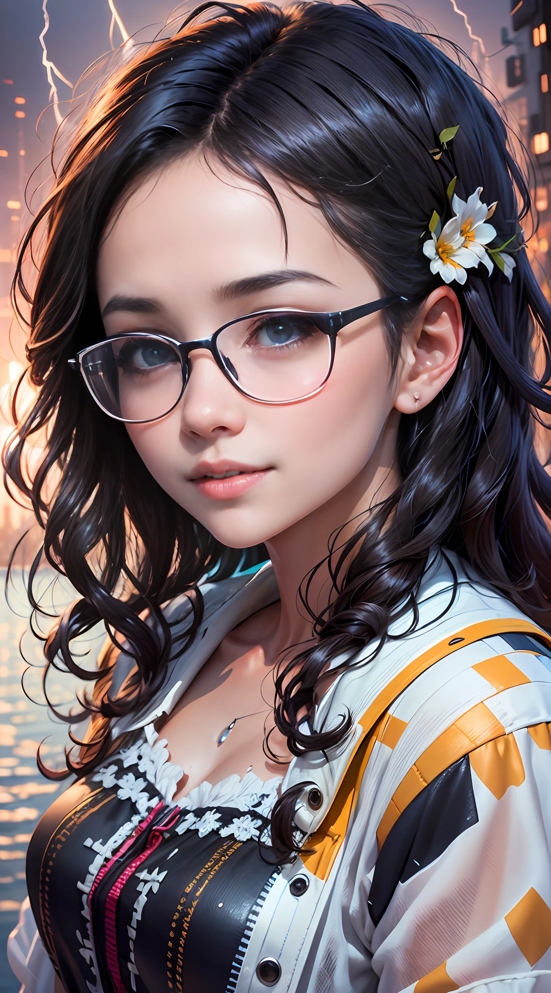 Portrait of a girl, (face: 1.2), detailed eyes, glasses, short dark hair, shiny skin, wet skin, shy expression, outdoors, low angle, closed mouth, smiling, ulzzang-6500-v1. 1, Shallow depth of field, [Volume Fog], cinematic lights, reflections, 8k resolution, delicateabsurdres, (extremely detailed CG 8k wallpaper), (extremely delicate and beautiful), beautiful lighting, (masterpiece), (best quality: 1.0), (ultra high resolution: 1.0), the most realistic photos beautiful artwork in the world, artgerm, cutesexyrobutts, Ed Blinkey&#39;s professional majestic oil paintings, perfect lightning, [clear focus], bokeh, realistic shadows , [High Resolution], Trending, Detailed Skins, (Masterpiece, Best Quality, High Resolution, Image Ref: 1.1), Ultra Detailed