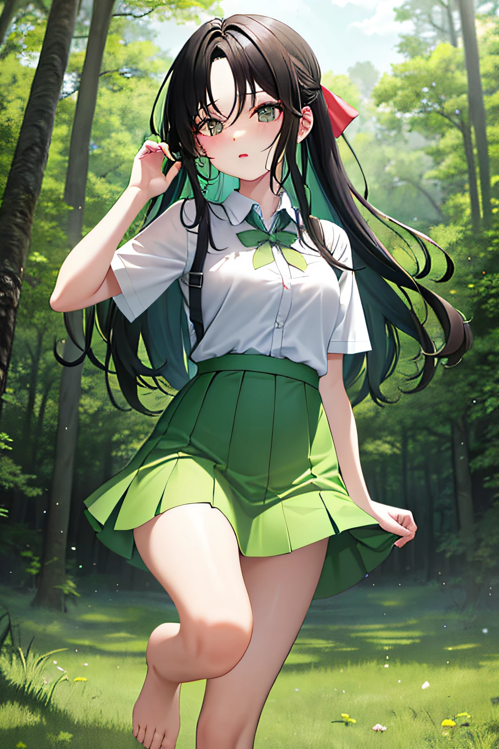 one-girl, at a forest, Running, Wearing a short light green skirt, Gradient clothes, The barefoot, gradient hair, gradient hair, long hair, parted bangs, hair bow, parted lips, Surrealism, Tonalism, anime style, cinematic lighting, chiaroscuro, super detail, high details, best quality, masterpiece, UHD, ccurate