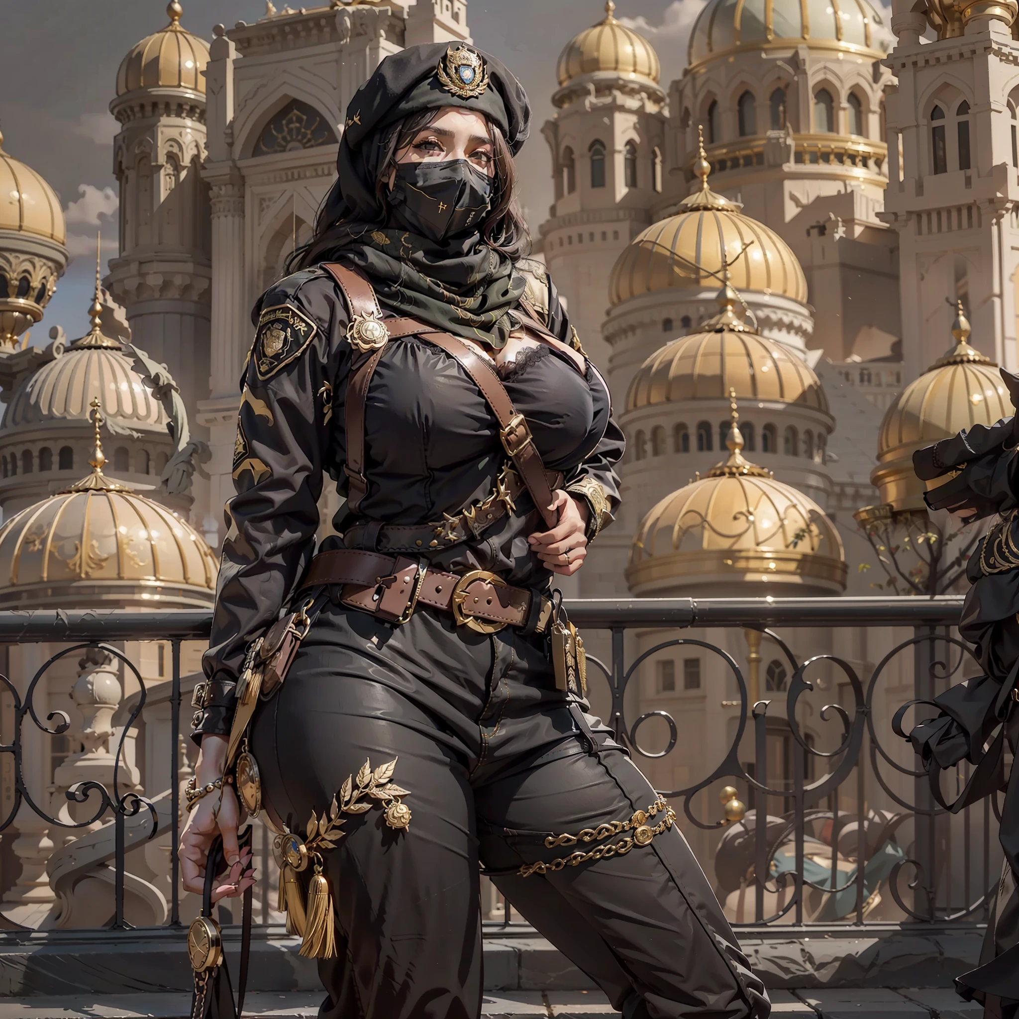 Arab masked female officer（The upper part of the body：1.2 1girl，tmasterpiece，best qualityer，ultra - detailed，illustratio，Fine eyes and detailed face），Wide buttock，gigantic cleavage breasts，Cleavage is seductive，maternal，looking at viewert，curvy build，Raised sexy，full bodyesbian，（a matural female，A MILF：1.1），独奏，（curves：1.1），big assa，thick thight，A MILF，（Special Forces black officer uniform），（Gold accents in clothing），Brown belt，With gold buckle， （Medal on the chest），（Military rank symbol on the arm），（Army cap with gold symbols），Arabic hijab，Arabic faces are masked，black beret，（Strike seductive poses on the balcony），warmly lit，masked，looking at viewert，（Take a photo），（Traditional Arab city background），photograph of-realistic