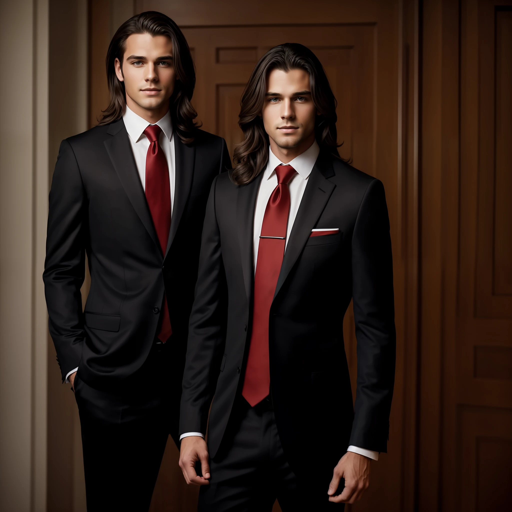 Handsome young man with medium long hair in a classic black suit with a red tie