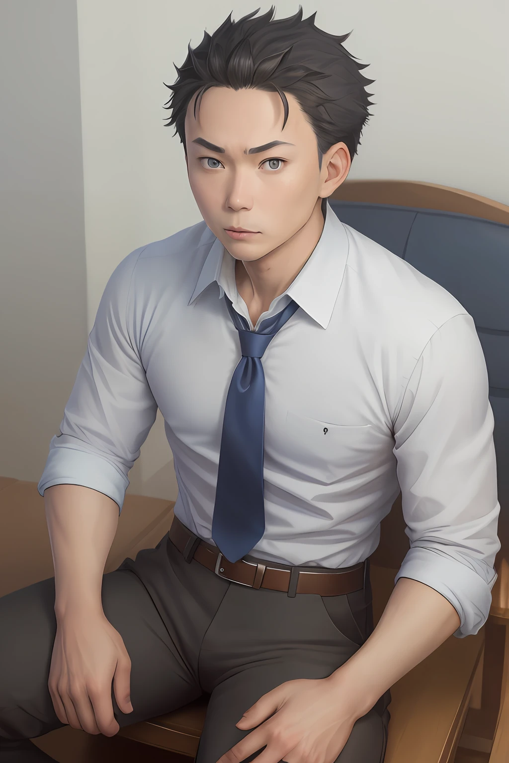 (1 Adult male),A high resolution, Sharp focus, Pixiv masterpiece, ((Complicated details)), highly detailed, natsuki_subaru, 1 man, with her mouth open,full bodyesbian,sit astride, blue colored eyes(eyes glowing), blue short hair,white shirt,Wear a tie,Wear a belt,perspire,look from down