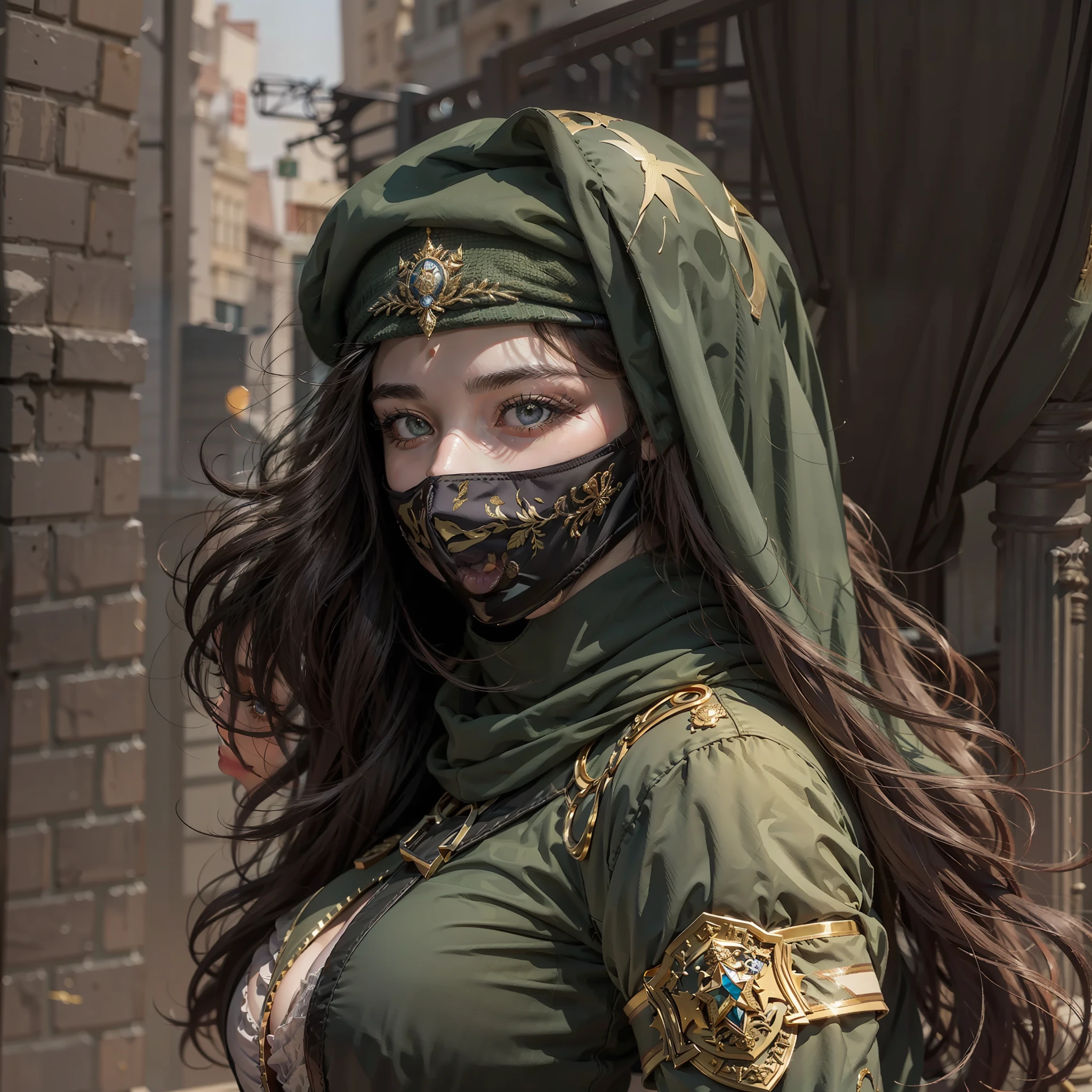 Arab masked female officer（The upper part of the body：1.2 1girl，tmasterpiece，best qualityer，ultra - detailed，illustratio，Fine eyes and detailed face），Wide buttock，gigantic cleavage breasts，Cleavage is seductive，maternal，looking at viewert，curvy build，Raised sexy，full bodyesbian，（a matural female，A MILF：1.1），独奏，（curves：1.1），big assa，thick thight，A MILF，（Special Forces black officer uniform），（Gold accents in clothing），Brown belt，With gold buckle， （Medal on the chest），（Military rank symbol on the arm），（Army cap with gold symbols），Arabic hijab，Arabic faces are masked，black beret，（Strike seductive poses on the balcony），warmly lit，masked，looking at viewert，（Take a photo），（Traditional Arab city background），photograph of-realistic