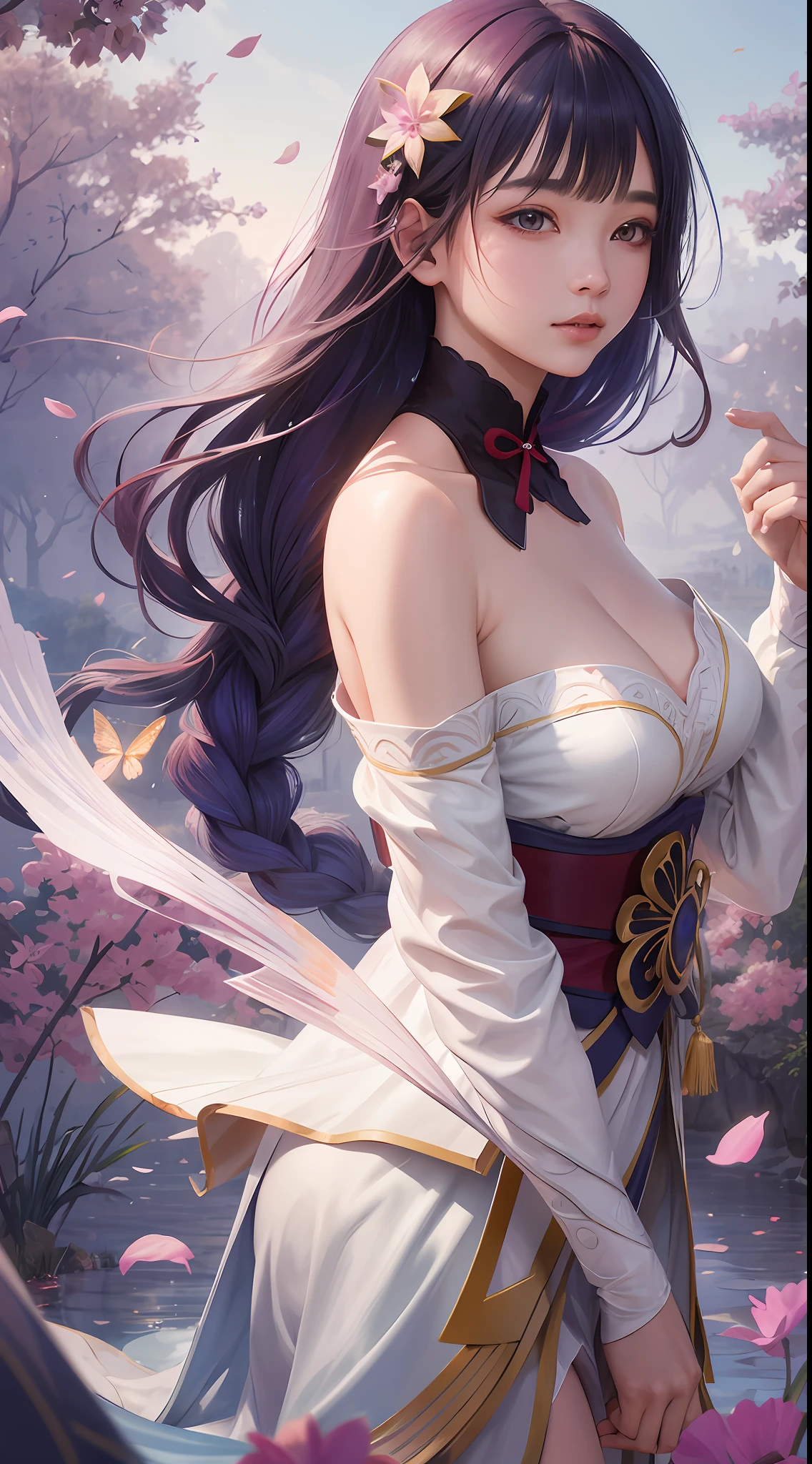 Raiden Shogun,1girll, Solo, full bodyesbian, (Masterpiece:1.21), (Best quality:1.2), Colorful, (illustration:1.2), (Cinematic lighting:1.1), (Bare shoulders:1.3), (鎖骨:1.21) ,(Large breasts),In this whimsical and fantastic garden,The scene is rainbowed(colorful fireflies)illuminate,dance through the air。soft(Drizzle)Decorate the garden,It creates a hazy and ethereal atmosphere。There was a single teenage girl standing,Extremely delicate girl,Lovely facial features,The expression is innocent。Her long hair fluttered in the wind。She wears an ultra-low-cut strapless dress,Highlight her delicate curves。The lighting is very delicate and beautiful,Creates a soft and warm glow,Highlights the surface of the water,making it sparkle like diamonds。The finest grass is also illuminated,Create a lush carpet。The garden is surrounded by colorful fields of flowers,Flowers of all colors and shapes bloom。Various colors and sizes can be seen(Colorful butterflies)Fly around the scene,It adds to the overall sense of wonder and magic。 (Gentlemen),A flush is visible at the bridge of the nose,The mouth opened slightly,It also adds to the overall sense of innocence and youthfulness。Falling petals can be seen floating around her,It adds to the overall romance and beauty。A gentle breeze,Flowers sway,Adds to the overall dynamism and vitality。It is a scene of pure wonder and magic,Full of color and beauty,Viewers can lose themselves in this fascinating and fascinating world。