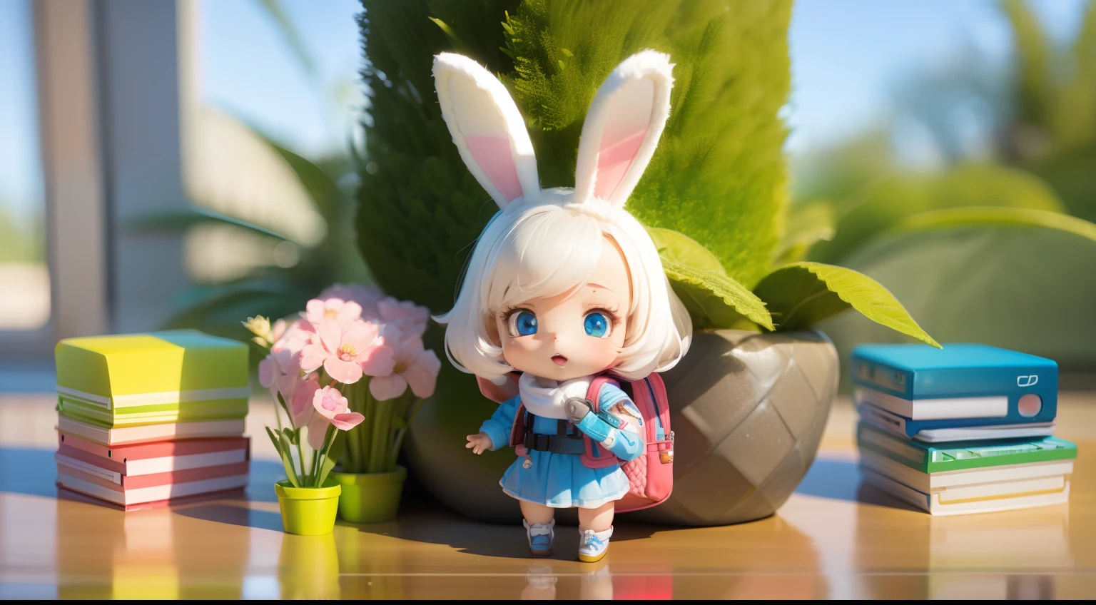 There is a white bunny doll with a backpack and backpack, cute 3 d render, render of a cute 3d anime girl, highly detailed character, Cute detailed digital art, cute character, 3 d render stylized, Female explorer mini cute girl, original chibi bunny girl, soft 3d render, Cute! C4D, Stylized anime, Rendered in redshift