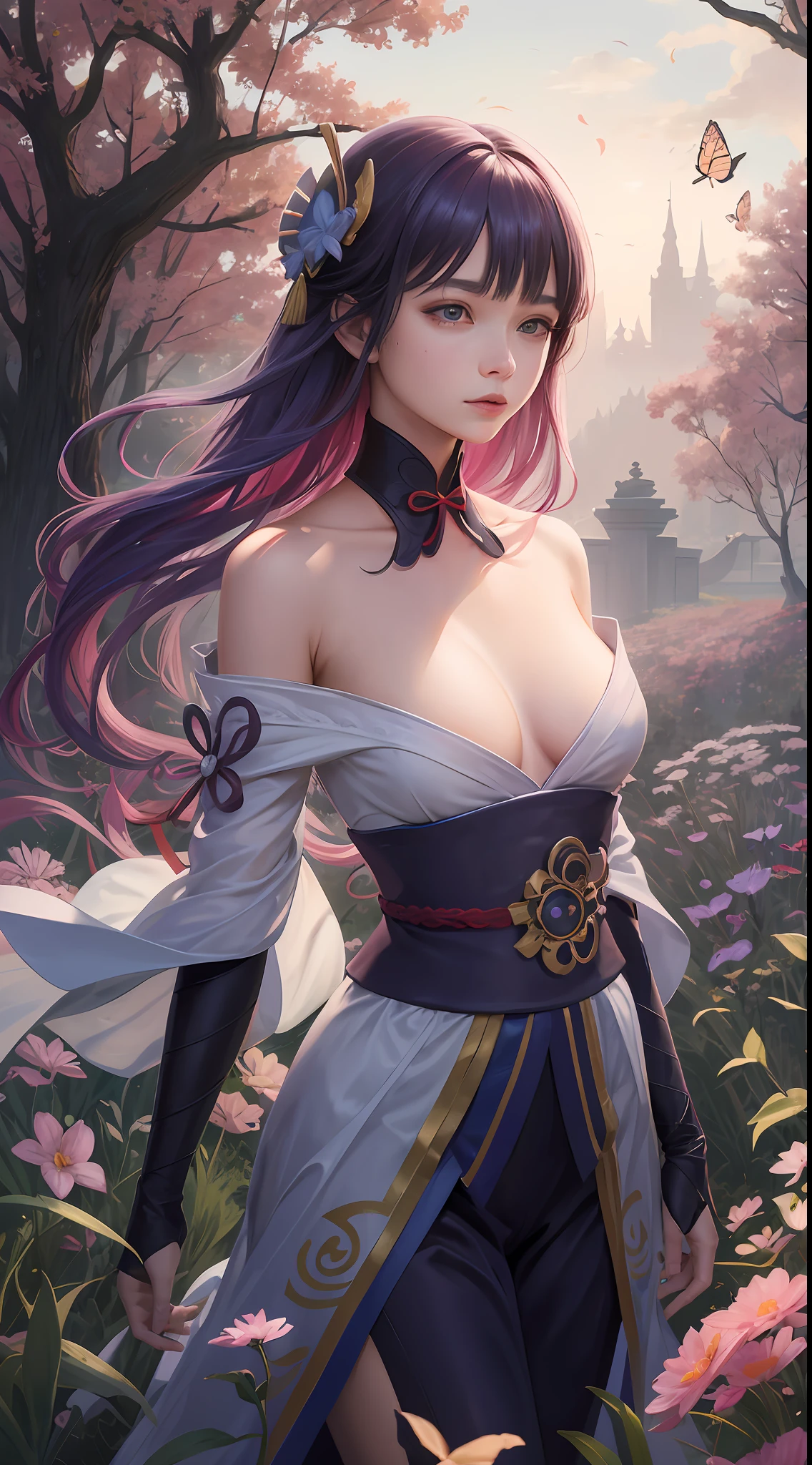 Raiden Shogun,1girll, Solo, full bodyesbian, (Masterpiece:1.21), (Best quality:1.2), Colorful, (illustration:1.2), (Cinematic lighting:1.1), (Bare shoulders:1.3), (鎖骨:1.21) ,(Large breasts),In this whimsical and fantastic garden,The scene is rainbowed(colorful fireflies)illuminate,dance through the air。soft(Drizzle)Decorate the garden,It creates a hazy and ethereal atmosphere。There was a single age girl standing,Extremely delicate girl,Lovely facial features,The expression is innocent。Her long hair fluttered in the wind。She wears an ultra-low-cut strapless dress,Highlight her delicate curves。The lighting is very delicate and beautiful,Creates a soft and warm glow,Highlights the surface of the water,making it sparkle like diamonds。The finest grass is also illuminated,Create a lush carpet。The garden is surrounded by colorful fields of flowers,Flowers of all colors and shapes bloom。Various colors and sizes can be seen(Colorful butterflies)Fly around the scene,It adds to the overall sense of wonder and magic。 (Gentlemen),A flush is visible at the bridge of the nose,The mouth opened slightly,It also adds to the overall sense of innocence and youthfulness。Falling petals can be seen floating around her,It adds to the overall romance and beauty。A gentle breeze,Flowers sway,Adds to the overall dynamism and vitality。It is a scene of pure wonder and magic,Full of color and beauty,Viewers can lose themselves in this fascinating and fascinating world。