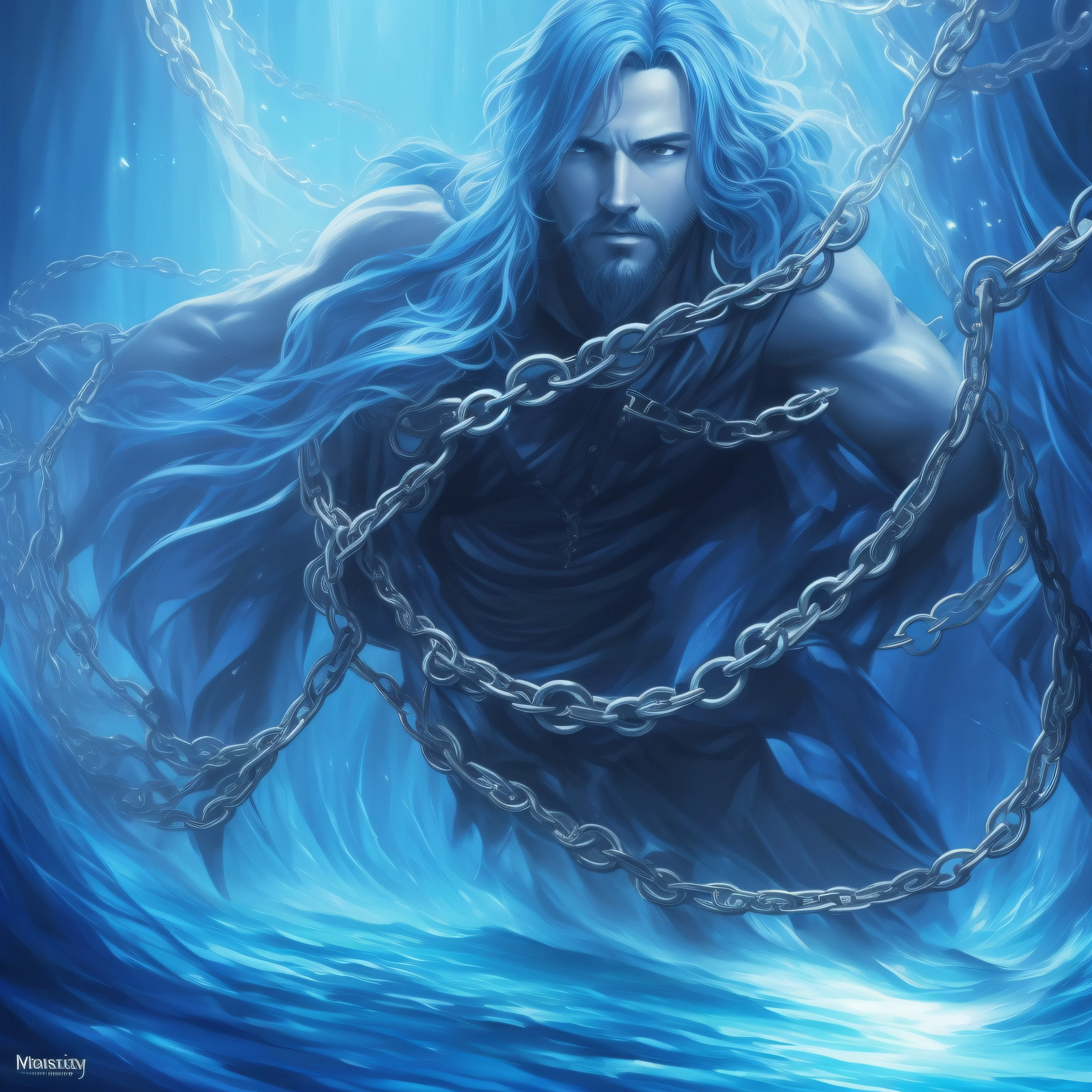 Man in chains yearning for Love Blue Freedom. Fantasy Art