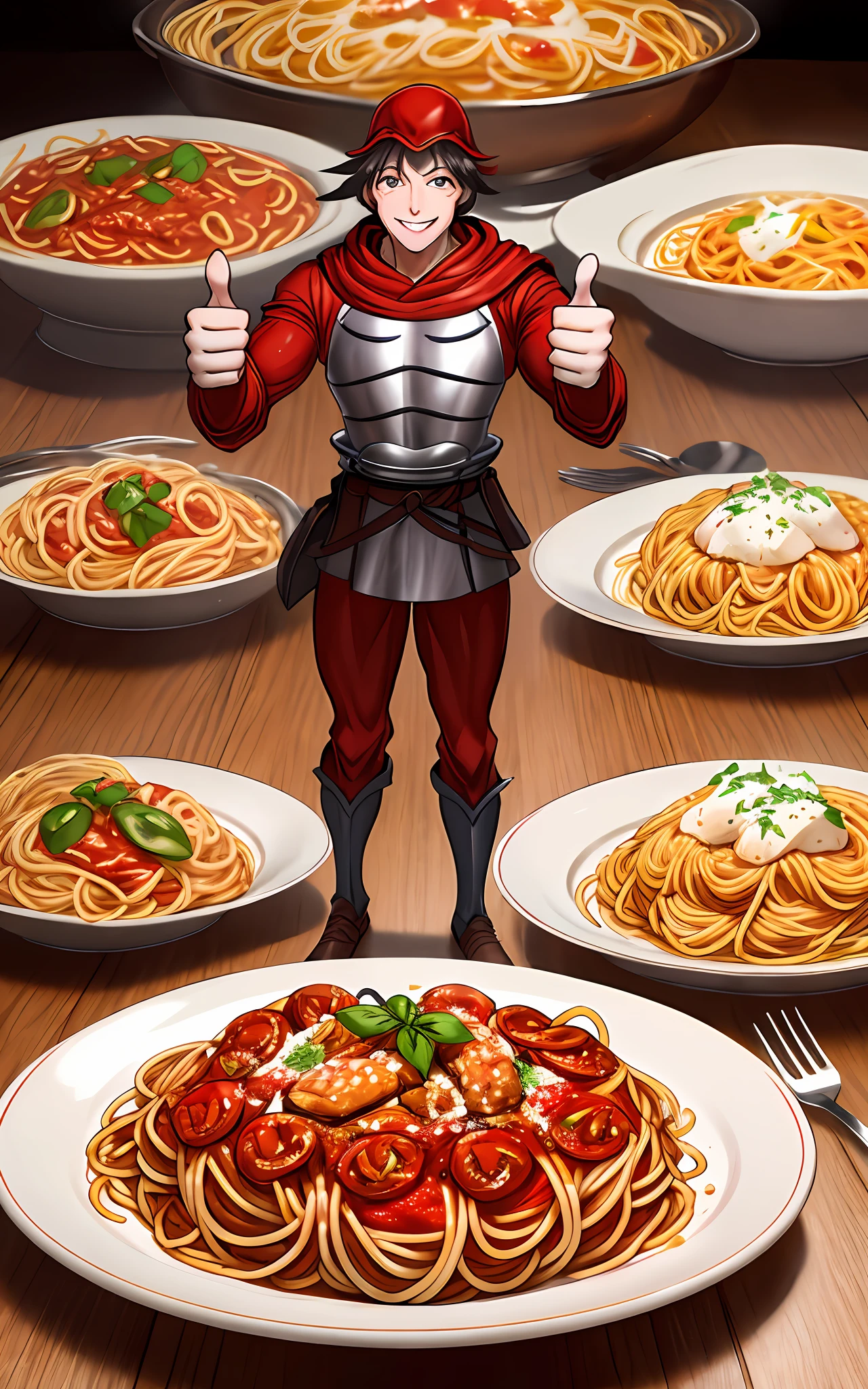 1 man,POV; (the spaghetti knight)+ handing you a plate of spaghetti and giving a thumbs up with a smile, fantasy style, full body