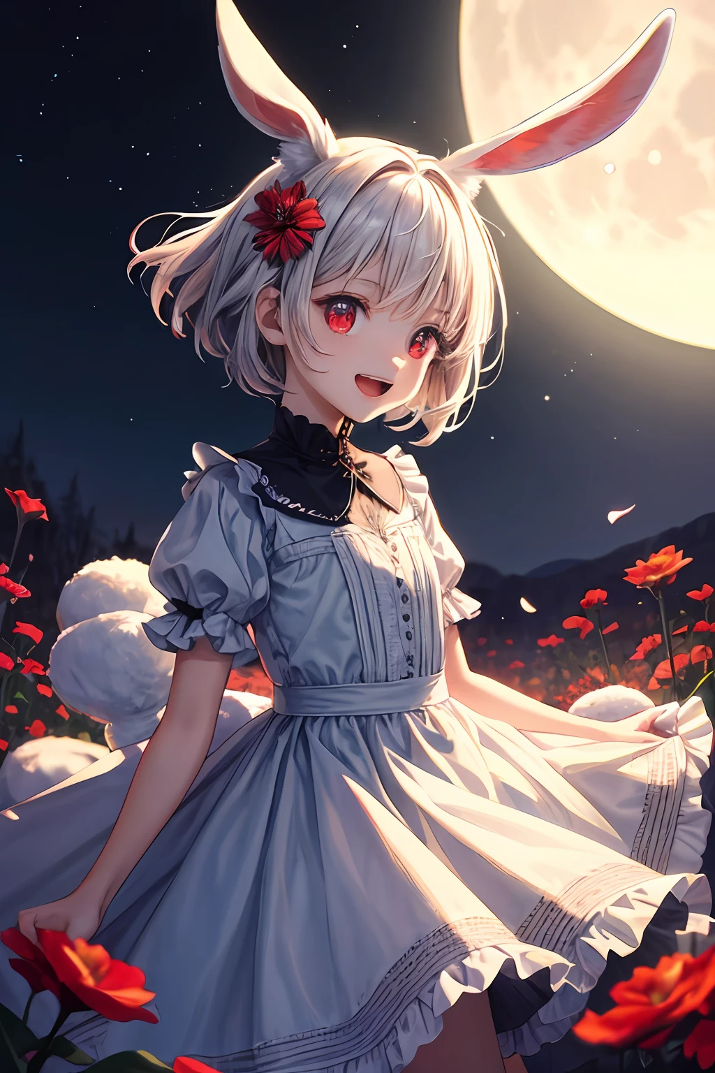 (masterpiece, best quality:1.2), illustration, absurdres, highres, extremely detailed, 1 ite girl, white short hair, rabbit ears, red eyes, eye highlights, dress, short puffy sleeves, frills, outdoors, flower, fluttering petals, upper body, (moon:1.2), night, depth of field, (:d:0.8),