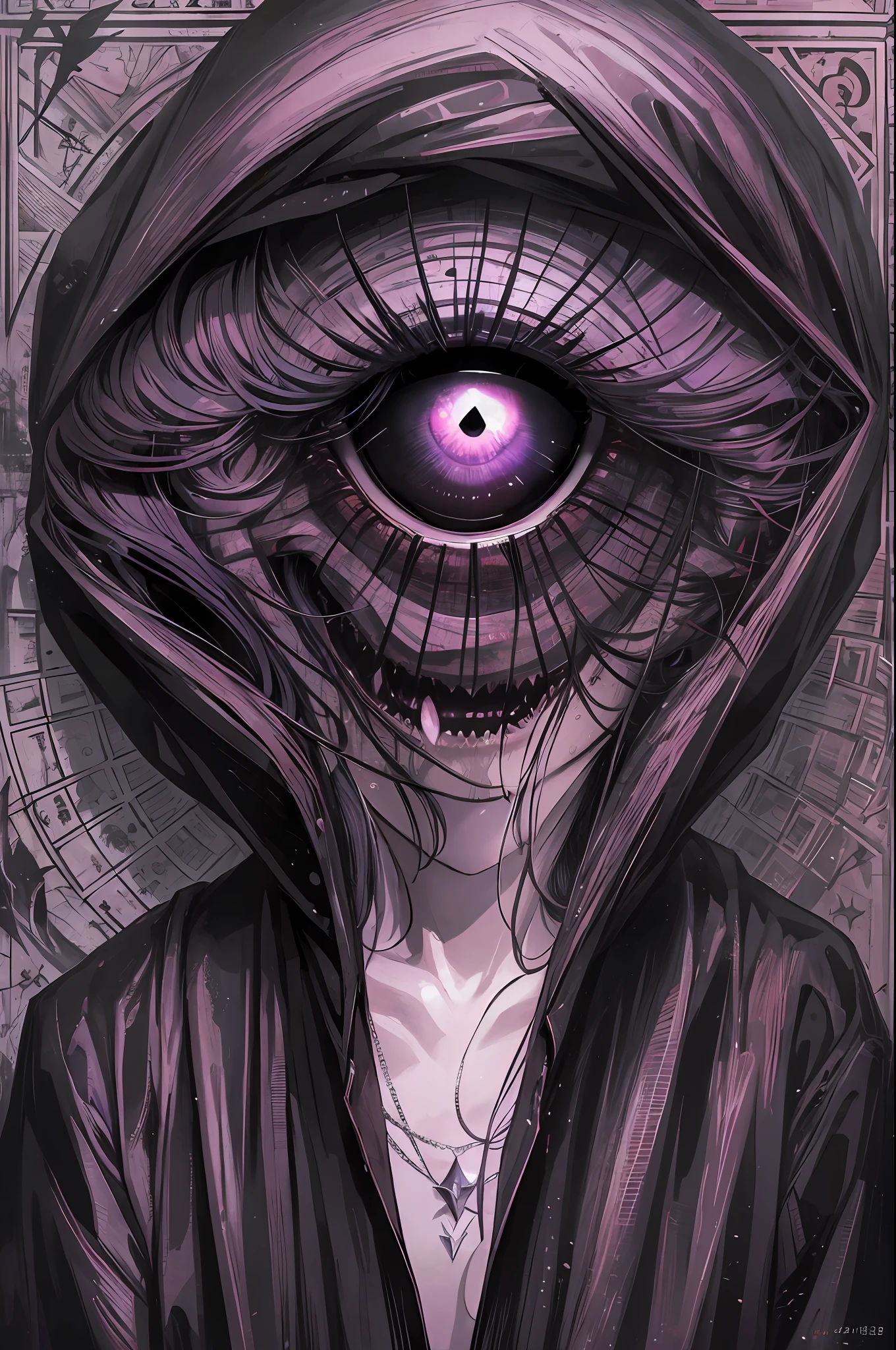 (absurdos, Altas Resoluciones, Ultra detallado, HDR), Obra maestra, La mejor calidad, Un hombre calvo sentado en Demon con un ojo gigante, en mirada arrogante, solamente, hombre rudo, demon eyeball, globo ocular gigante, asqueroso, Ala de demonio negro, cuerno de demonio, guapo, Ojos rojos, ojo brillante, black robe, Pendiente y accesorio, pecho desnudo, cara arrogante, cuerpo completo, magic vortex, chispa, remolino, Aura negra, un cielo negro y nublado, abismo, Antecedentes abstractos, desde un lado, buscar, sonrisa malvada