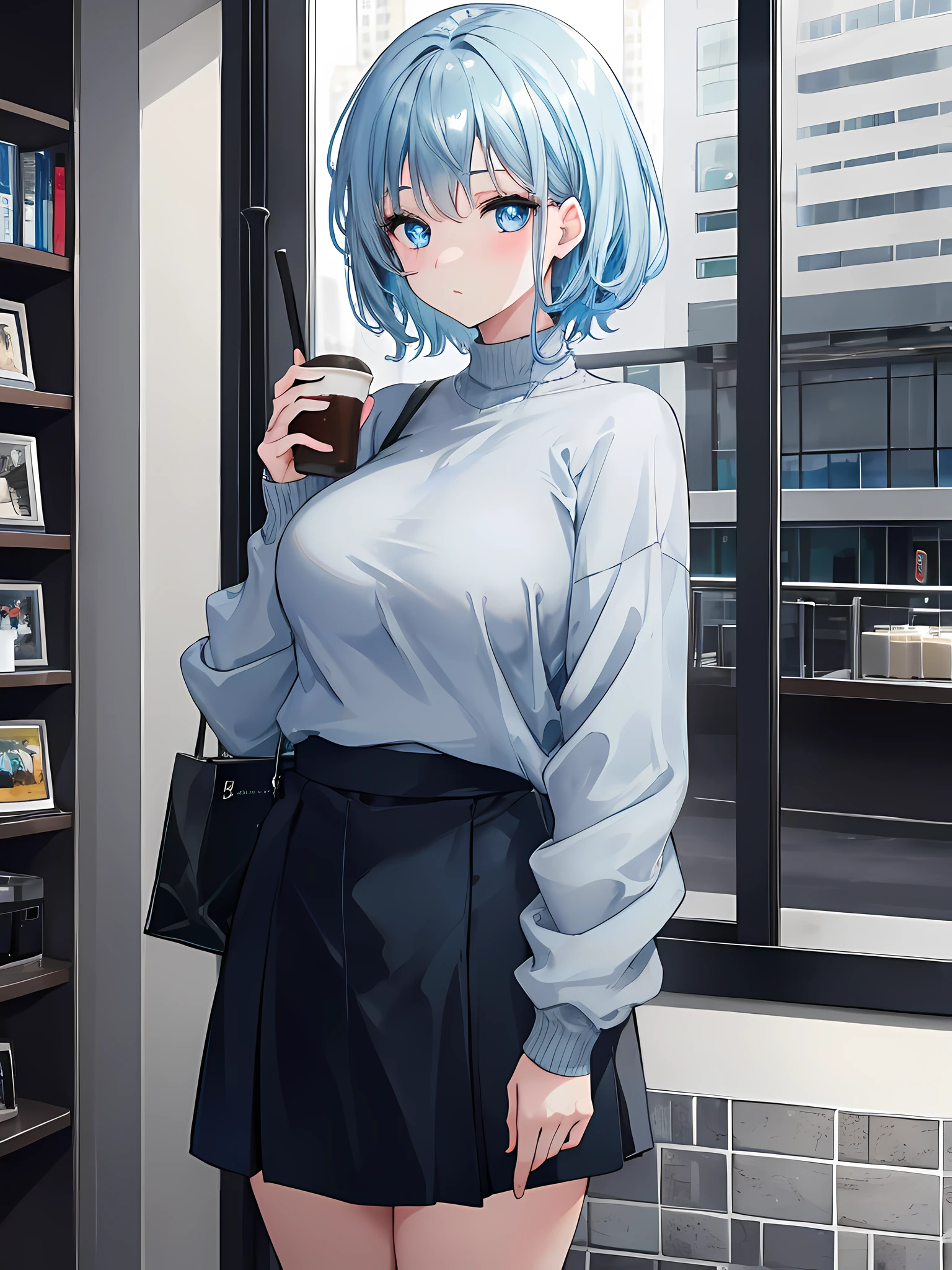 1girl, short light blue hair, dark blue eyes, wearing grey sweater, black skirt, cafe, absurdres, high res, ultrasharp, 8K, masterpiece, looking at viewer