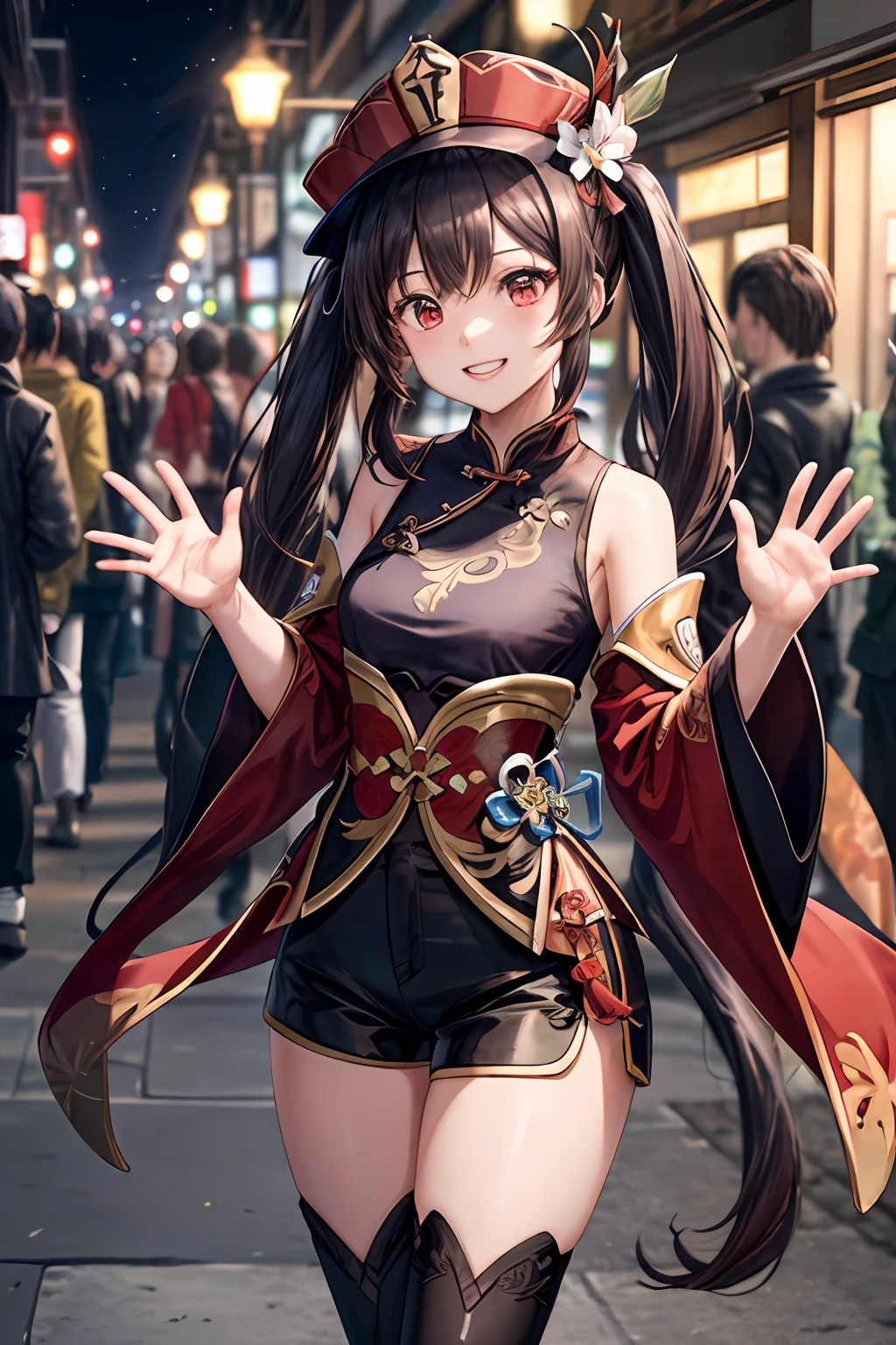 hutao \(genshin impact\), (extremely detailed CG unity 8k wallpaper:1.1), (best quality:1.1), (ultra-detailed:1.1), (best illustration:1.1), (best shadow:1.1), 1girl, perfect anatomy, brown hair, (twintails, very long hair:1.2), hat, plum blossom, red eyes, chinese clothes, tail coat, black shorts, black nail polish, solo focus, grin, blush, (waving hand:1.2), (city, street, stores, tree, crowded:1.2), (sharp focus, depth of field:1.2), looking at viewer