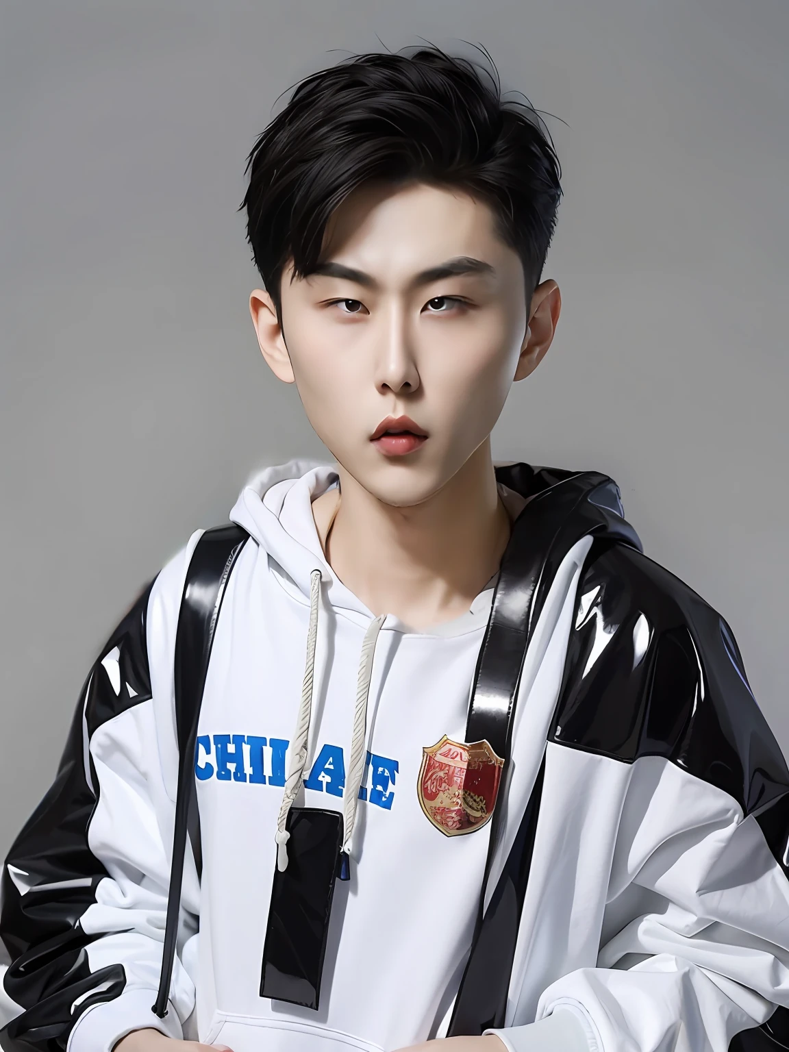 A Chinese male high school student,Wear a PVC casual sweatshirt,